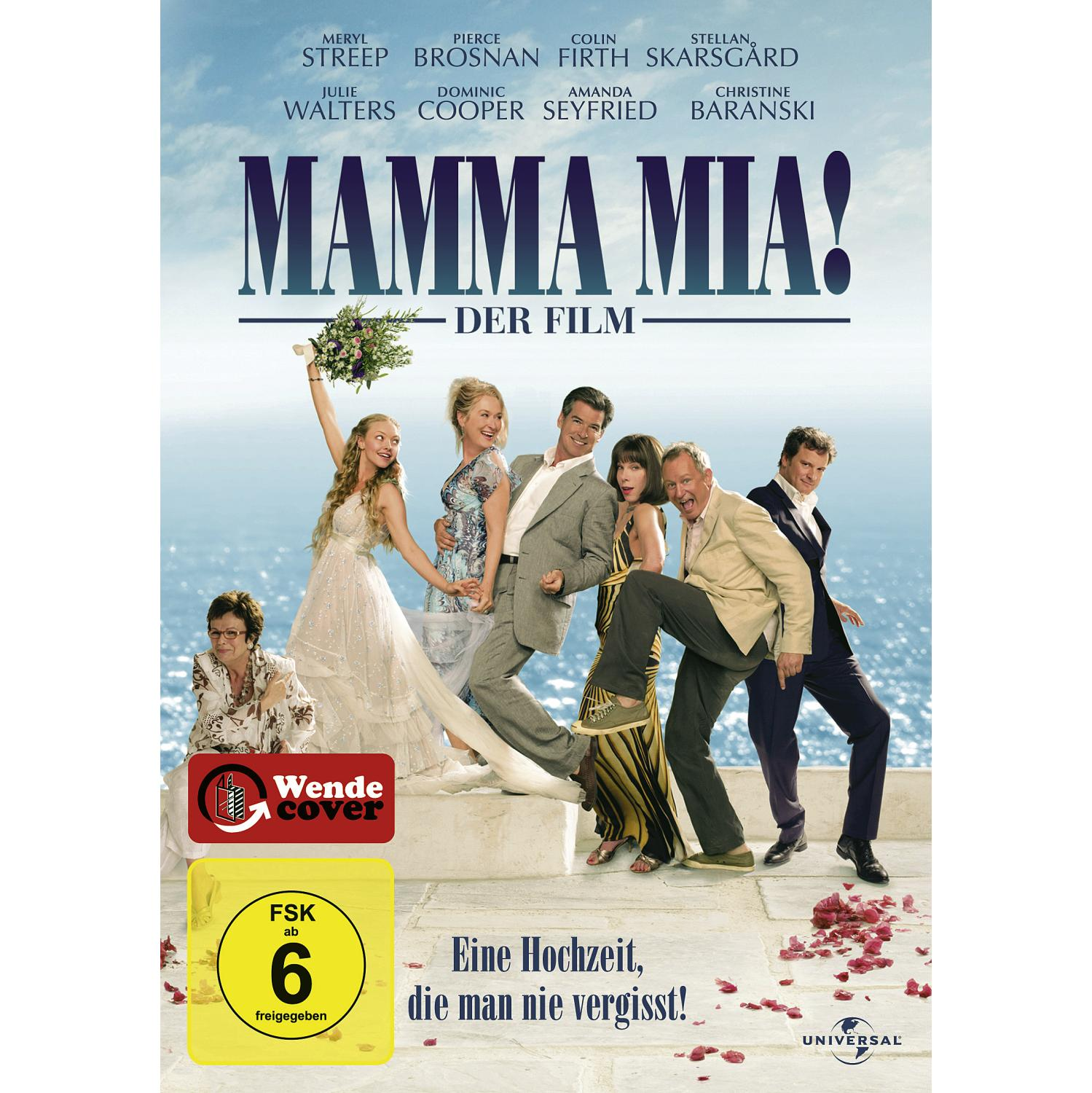Filmposter von Mamma Mia! mit Schauspielern wie Meryl Streep, Pierce Brosnan. Eine Hochzeitsszene.