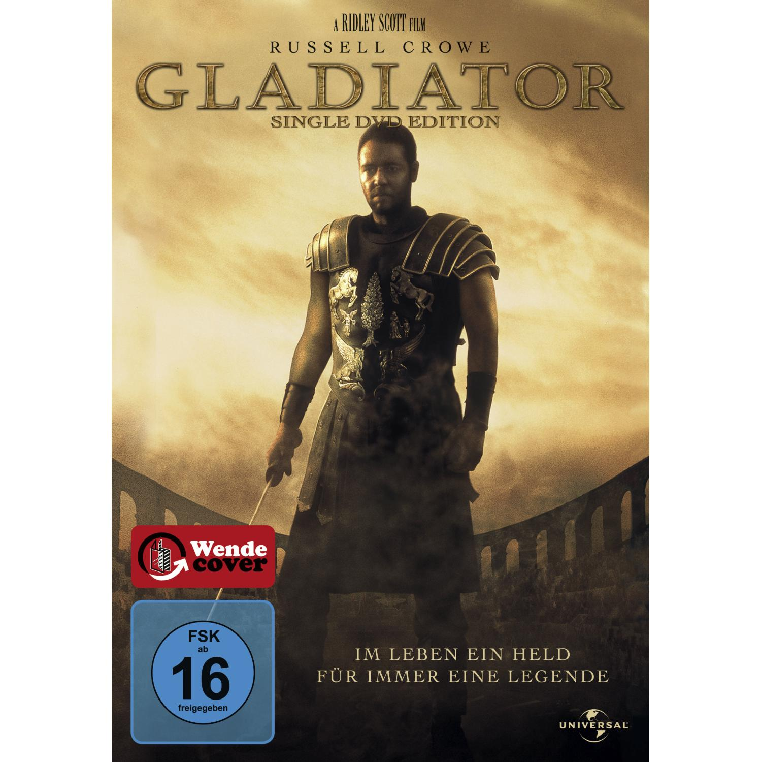 Filmplakat für Gladiator. Mann in Rüstung hält ein Schwert. Titel: Gladiator.