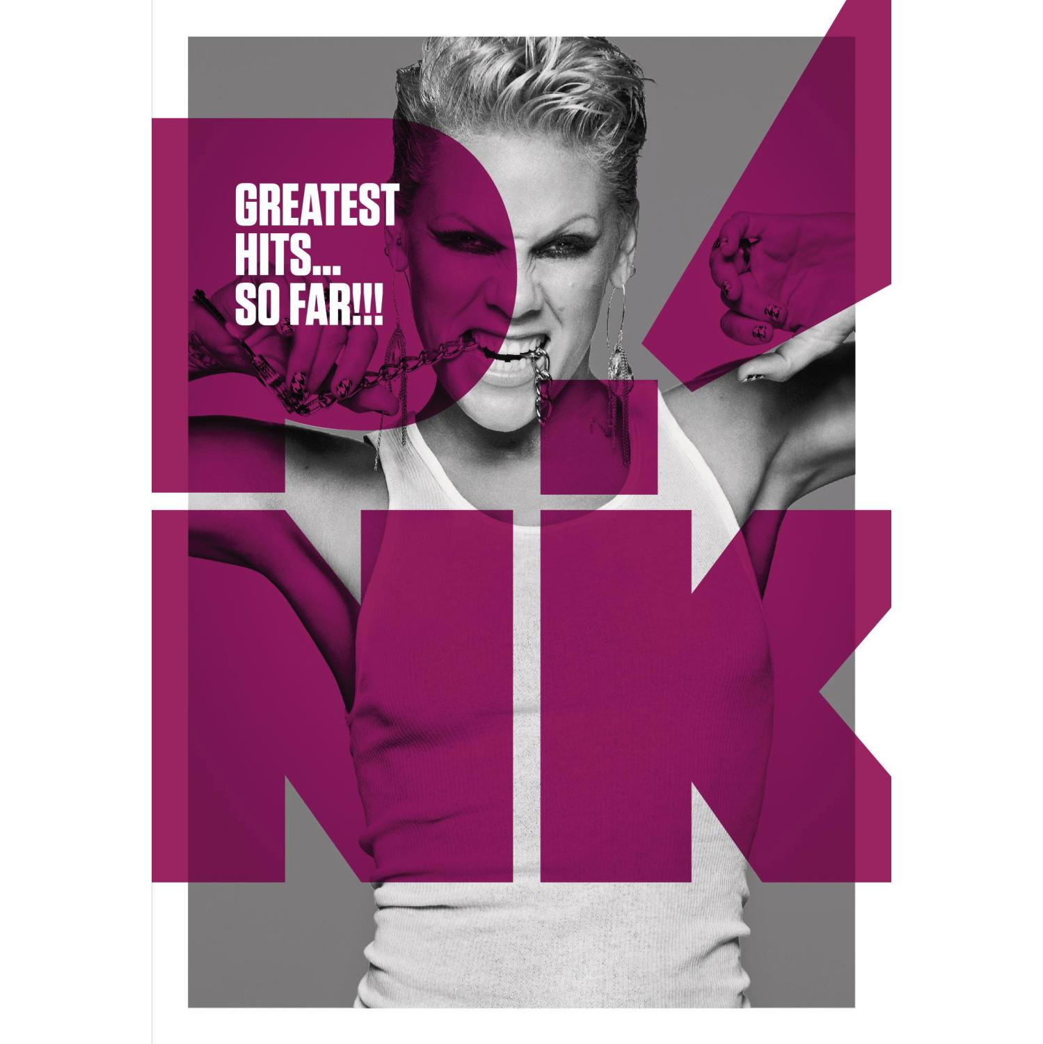 Pink-Albumcover. Pink beißt in eine Kette. Text: GREATEST HITS... SO FAR!!!