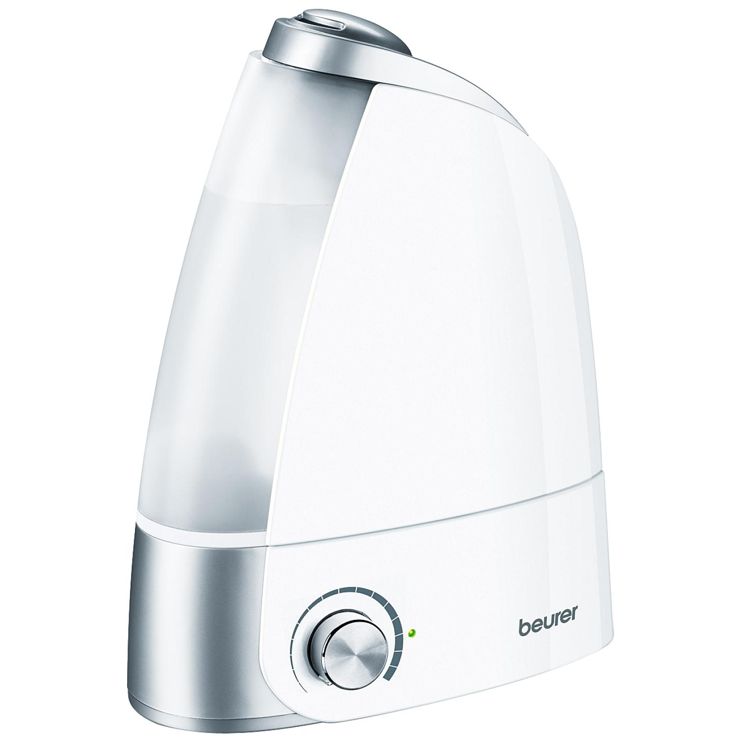 Weißer Luftbefeuchter mit silbernem Bedienknopf und transparentem Wassertank.