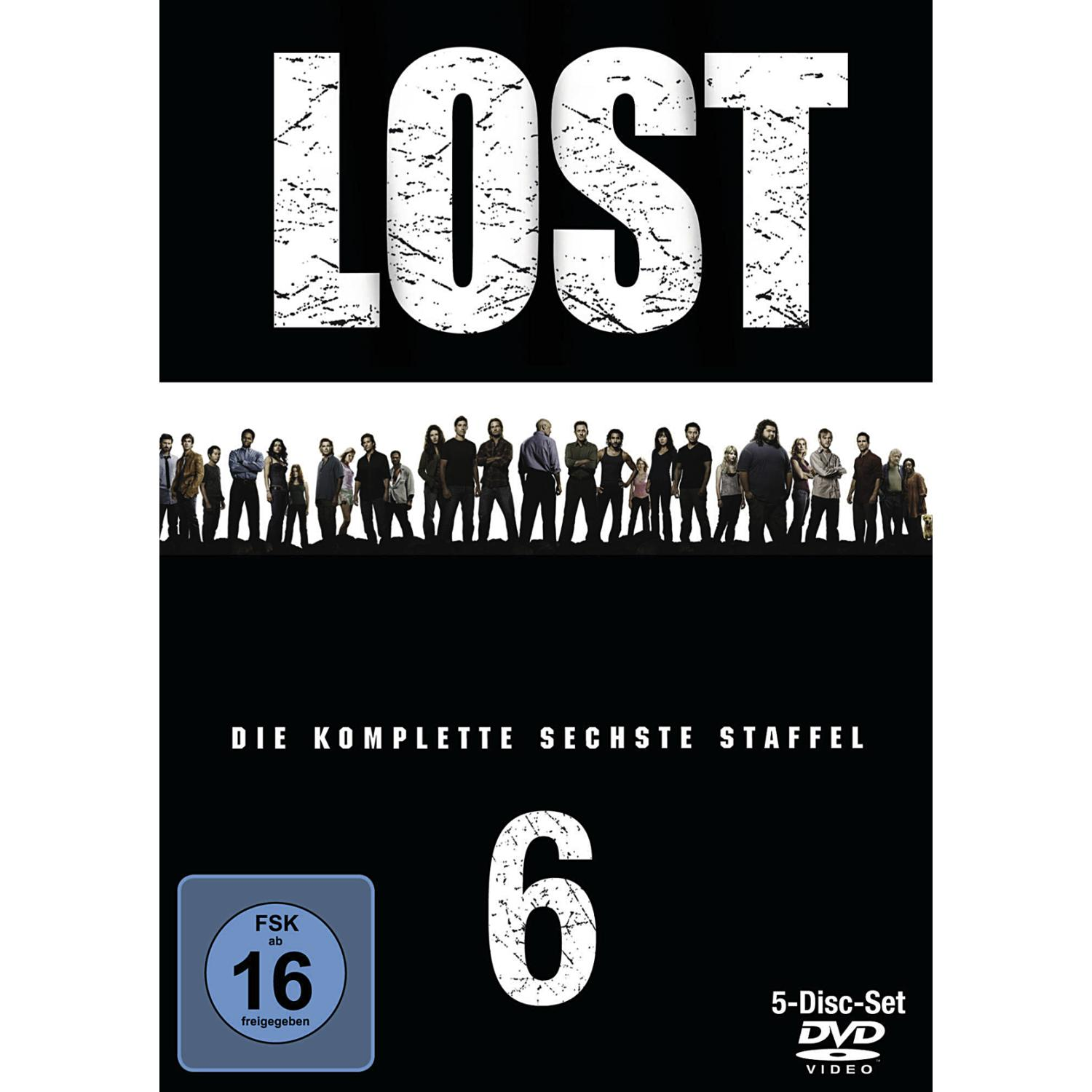 DVD-Cover für 'Lost' Staffel 6. Weißer Text 'LOST' und eine Gruppe von Leuten stehen auf schwarzem Hintergrund.