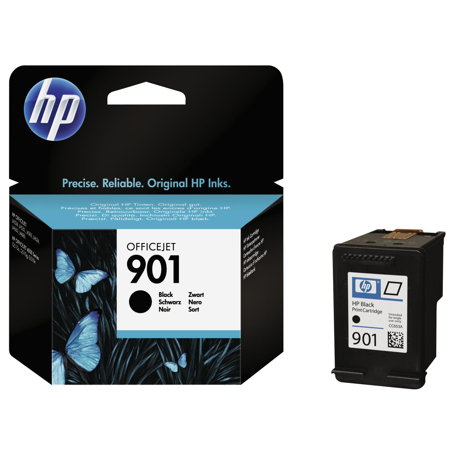 HP Tintenpatronenverpackung mit Schmetterlingsbild und Patrone.