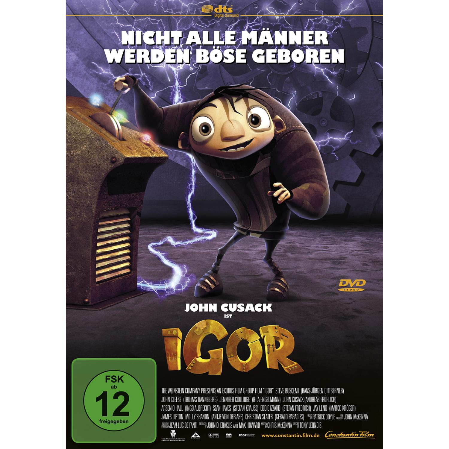 Igor-Filmplakat. Eine Zeichentrickfigur mit einer elektrischen Maschine im Hintergrund.