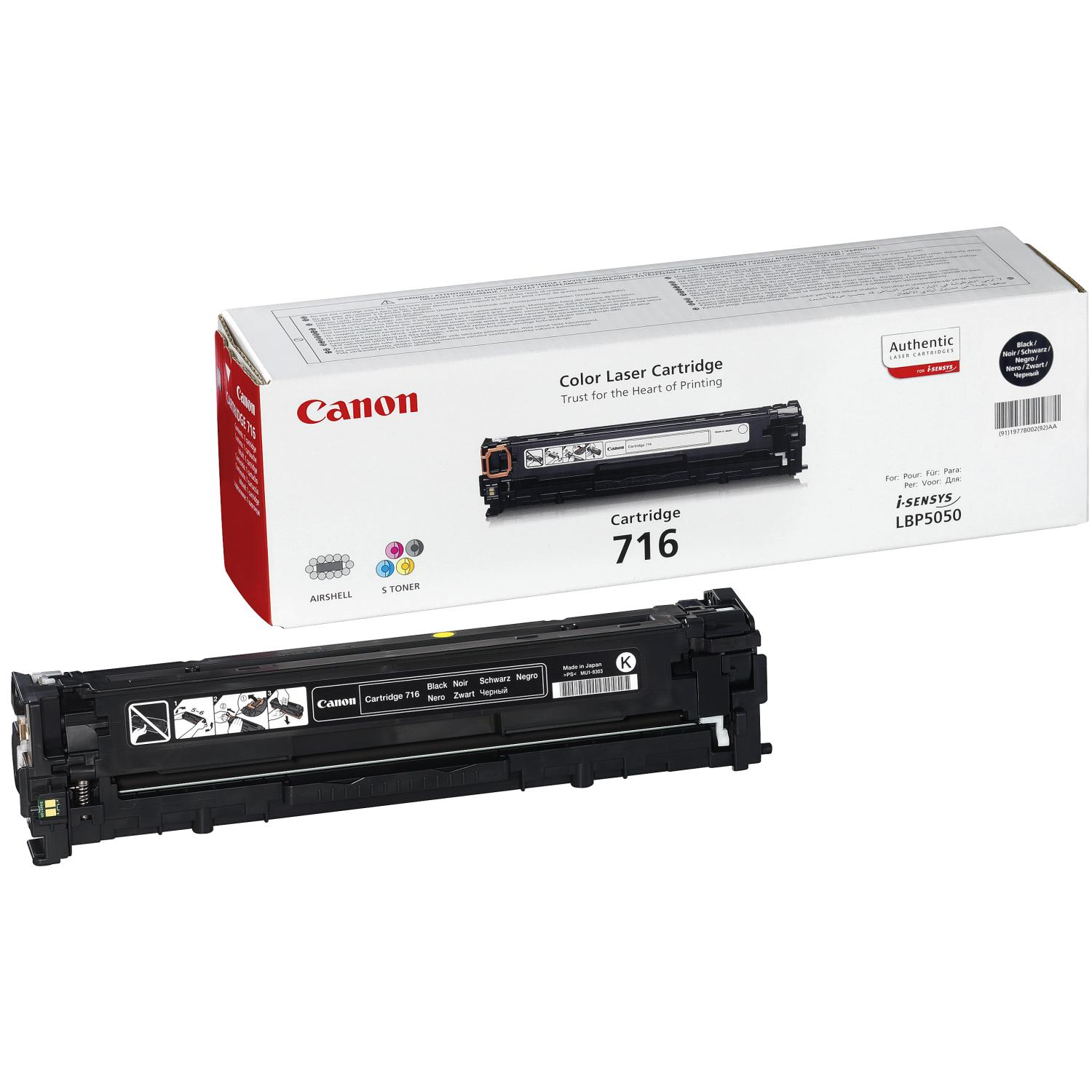 Canon Farblaserkartusche 716 Box und Patrone mit Toner und Etiketten.