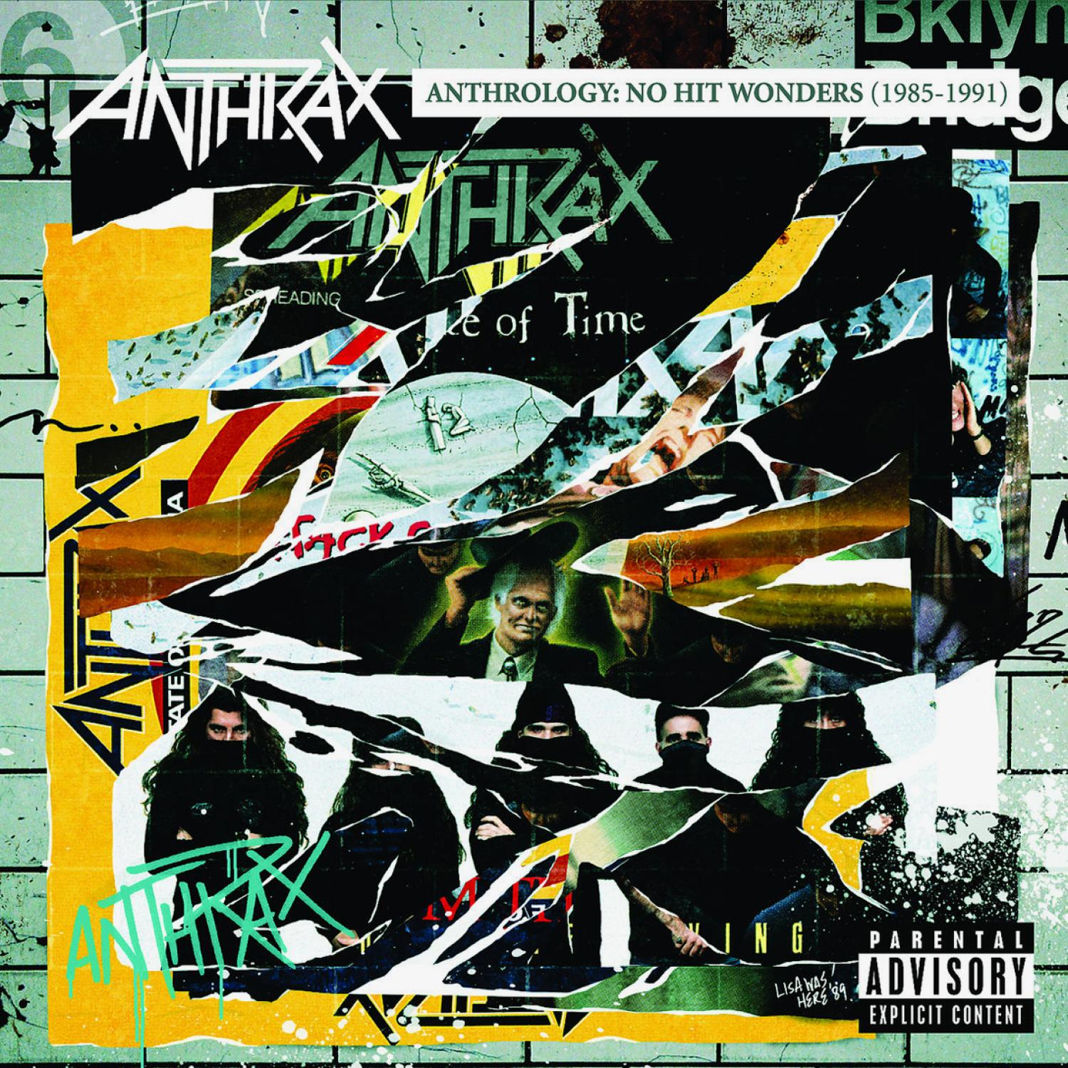 Anthrax-Albumcover, eine Collage von Bildern. Ein Schädel, Gesichter und zerrissenes Papier.
