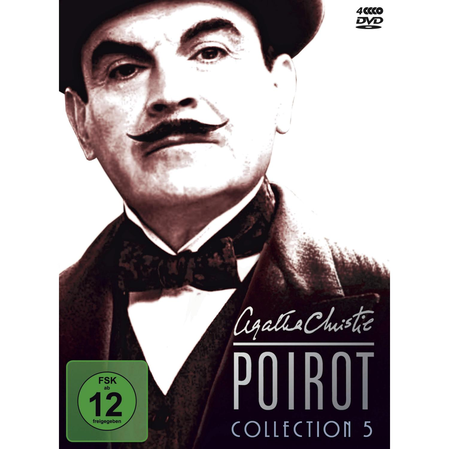 DVD-Cover für Agatha Christies Poirot mit David Suchet. Text und das Bewertungsschild sind vorhanden.