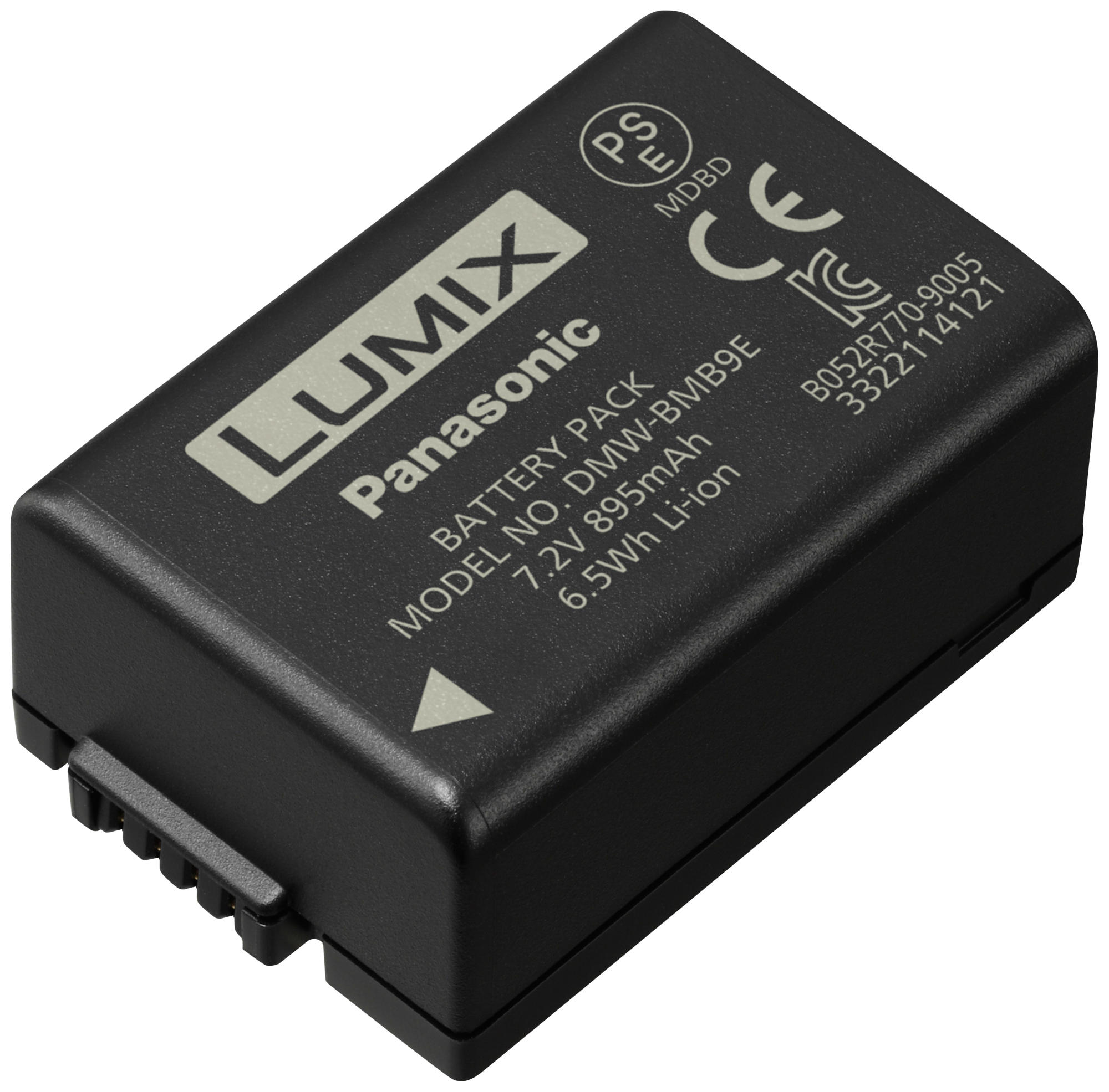 Pacco batteria nero Lumix Panasonic. L'etichetta elenca modello, voltaggio e altri dettagli.