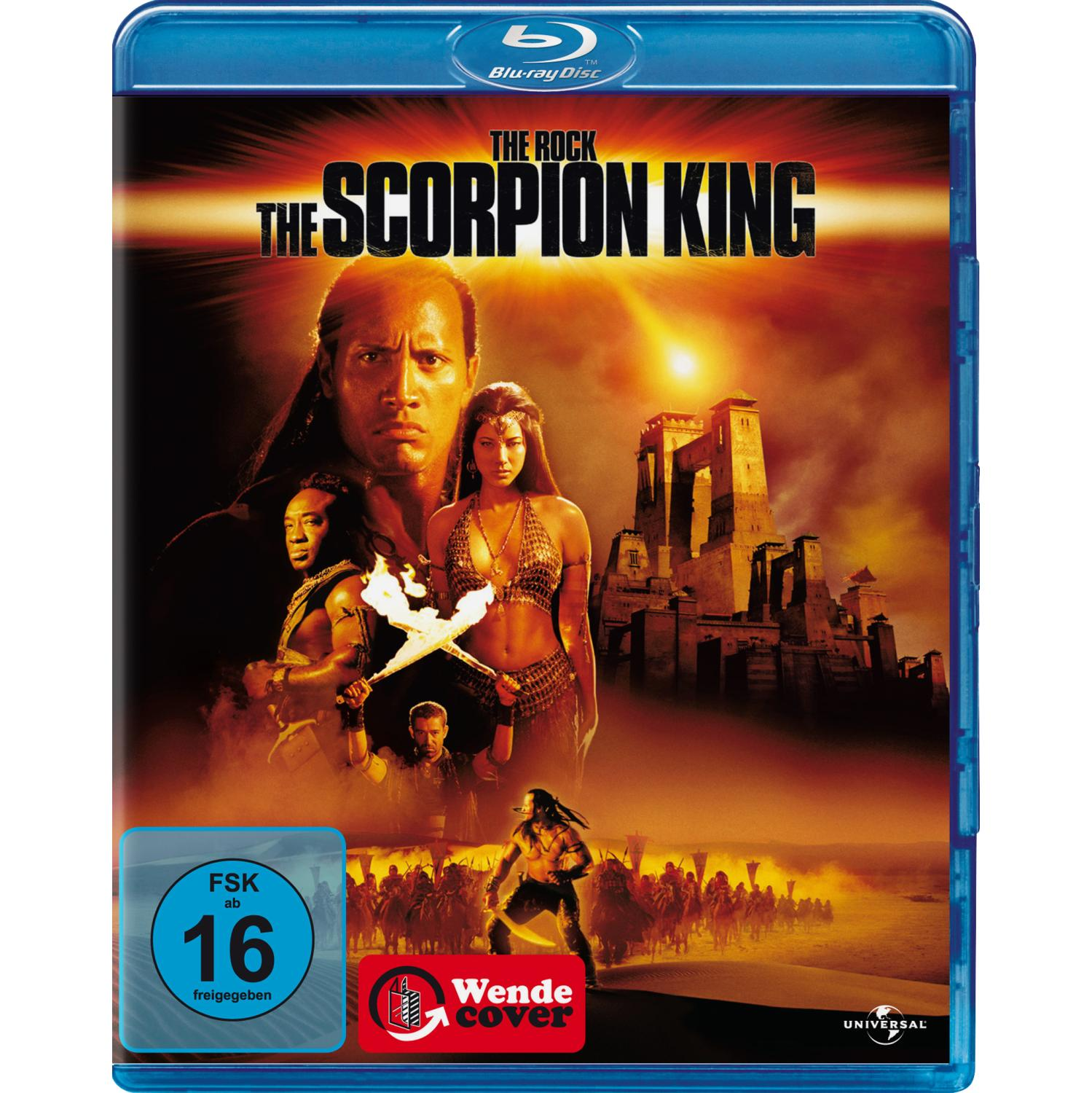 The Scorpion King Blu-ray-Cover. Dwayne Johnson und andere Schauspieler sind mit Wüsten- und Burglandschaft zu sehen.