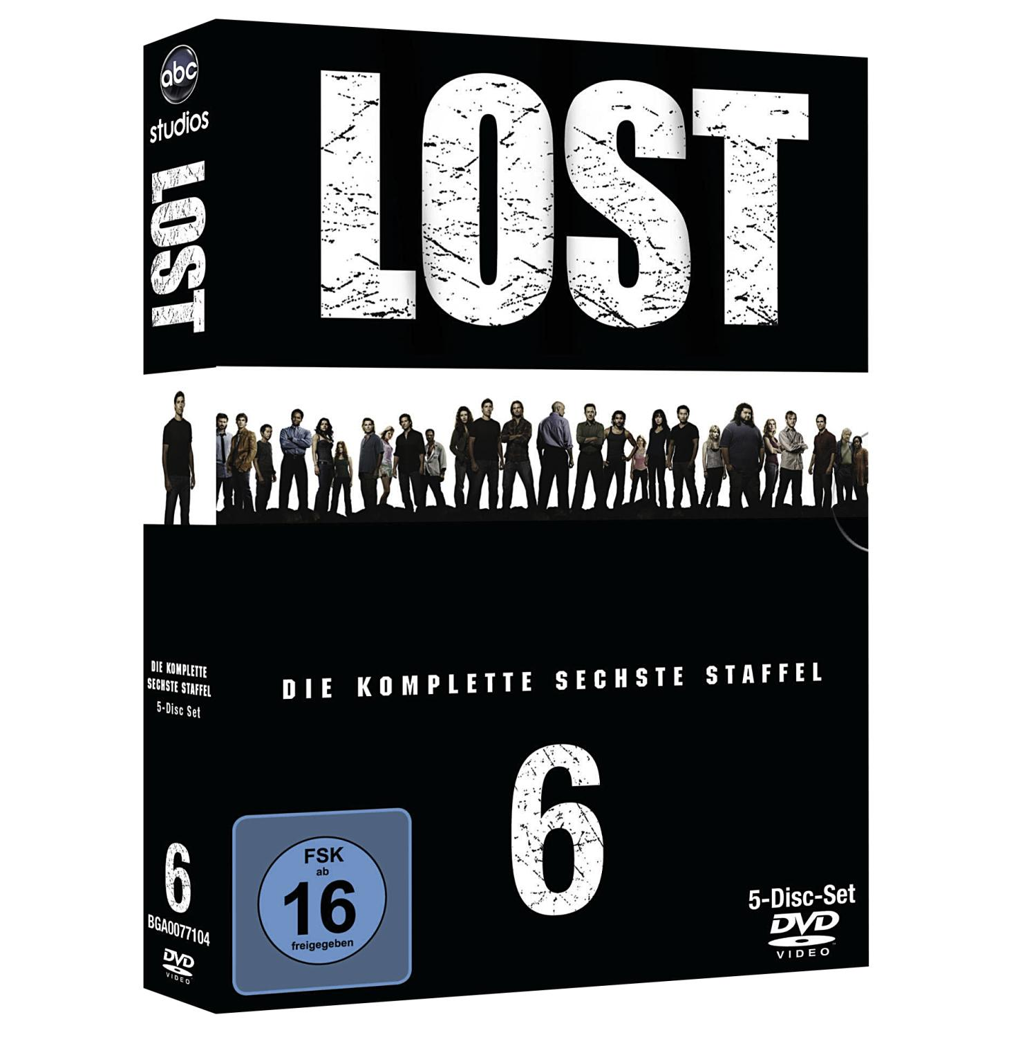 DVD-Box-Set der Fernsehserie 'Lost', mit mehreren Charakteren und schwarzem Hintergrund.