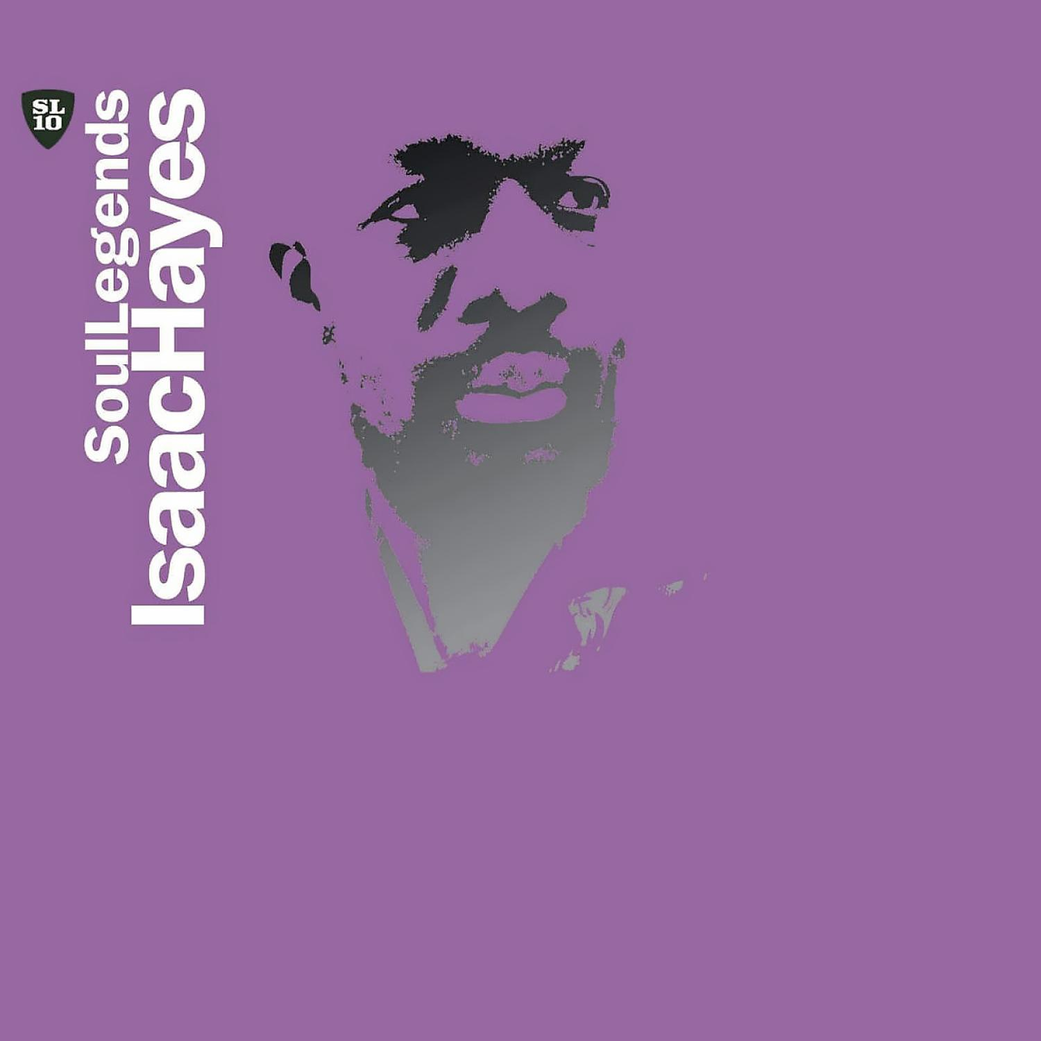 Albumcover, 'Soul Legends Isaac Hayes', ein stilisiertes Bild von Isaac Hayes auf lila Hintergrund.