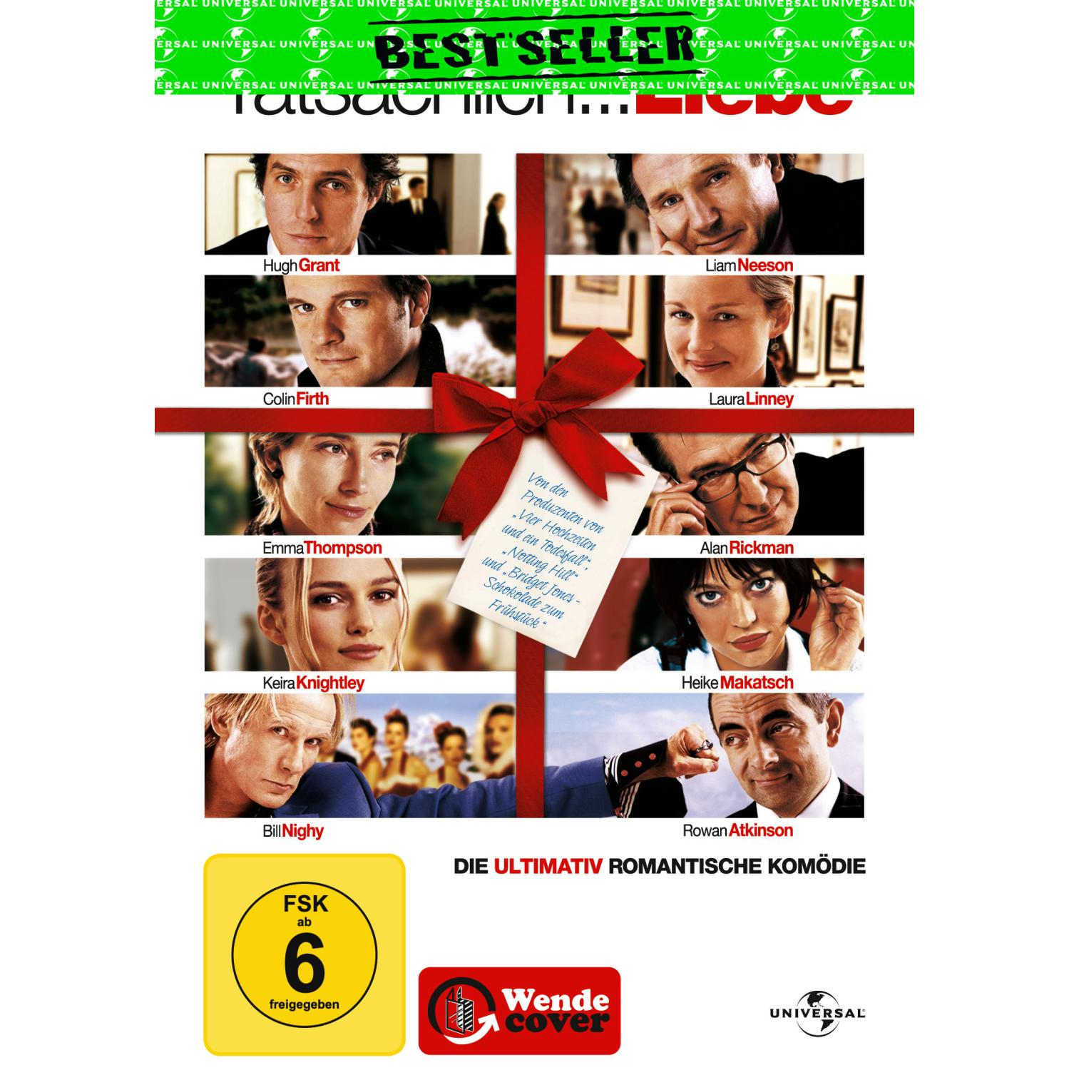 DVD-Cover für 'Tatsächlich... Liebe', mit Fotos der Besetzung, einer roten Schleife und Text auf Englisch und Deutsch.