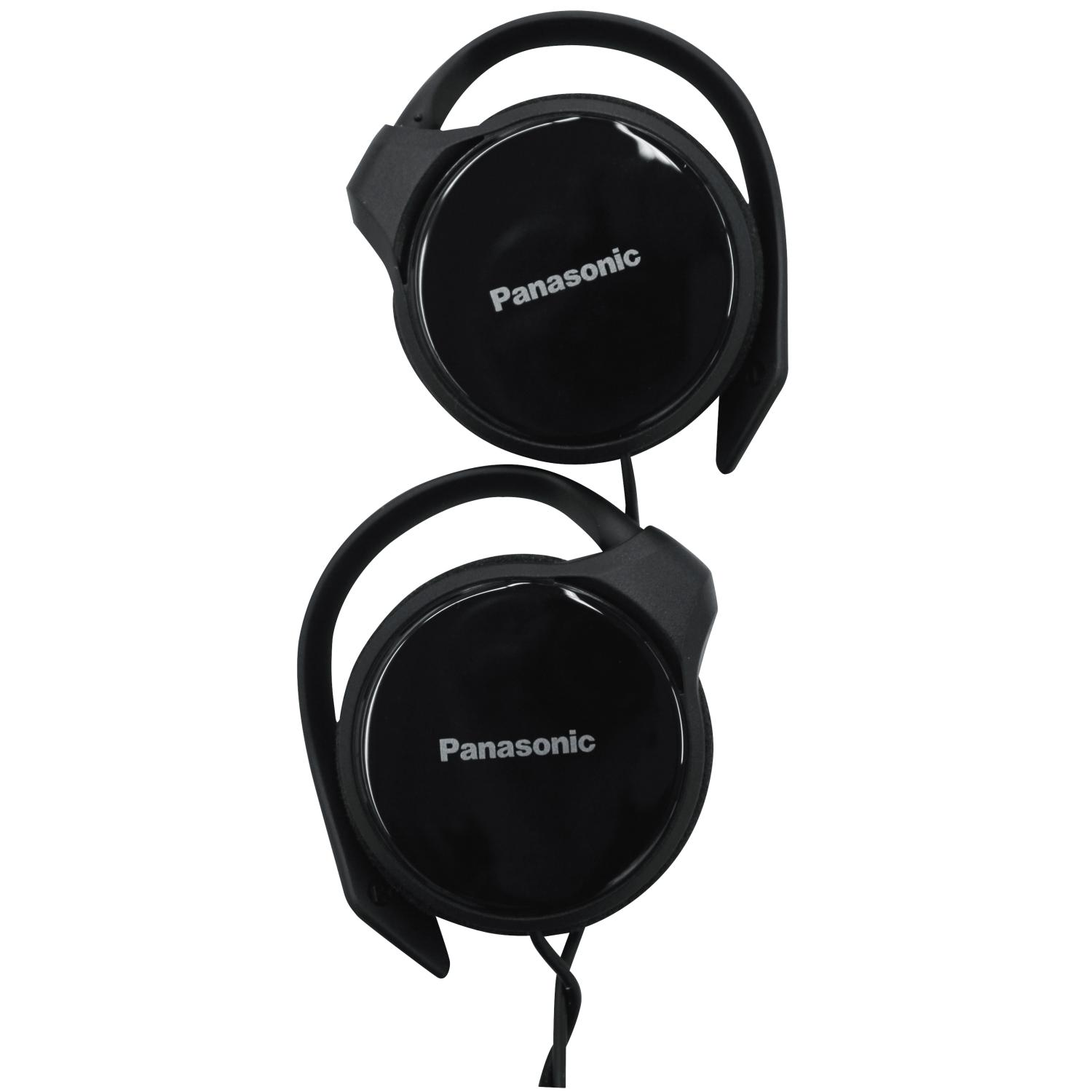 Czarne słuchawki Panasonic, zbliżenie. Dwa okrągłe nauszniki połączone przewodem.