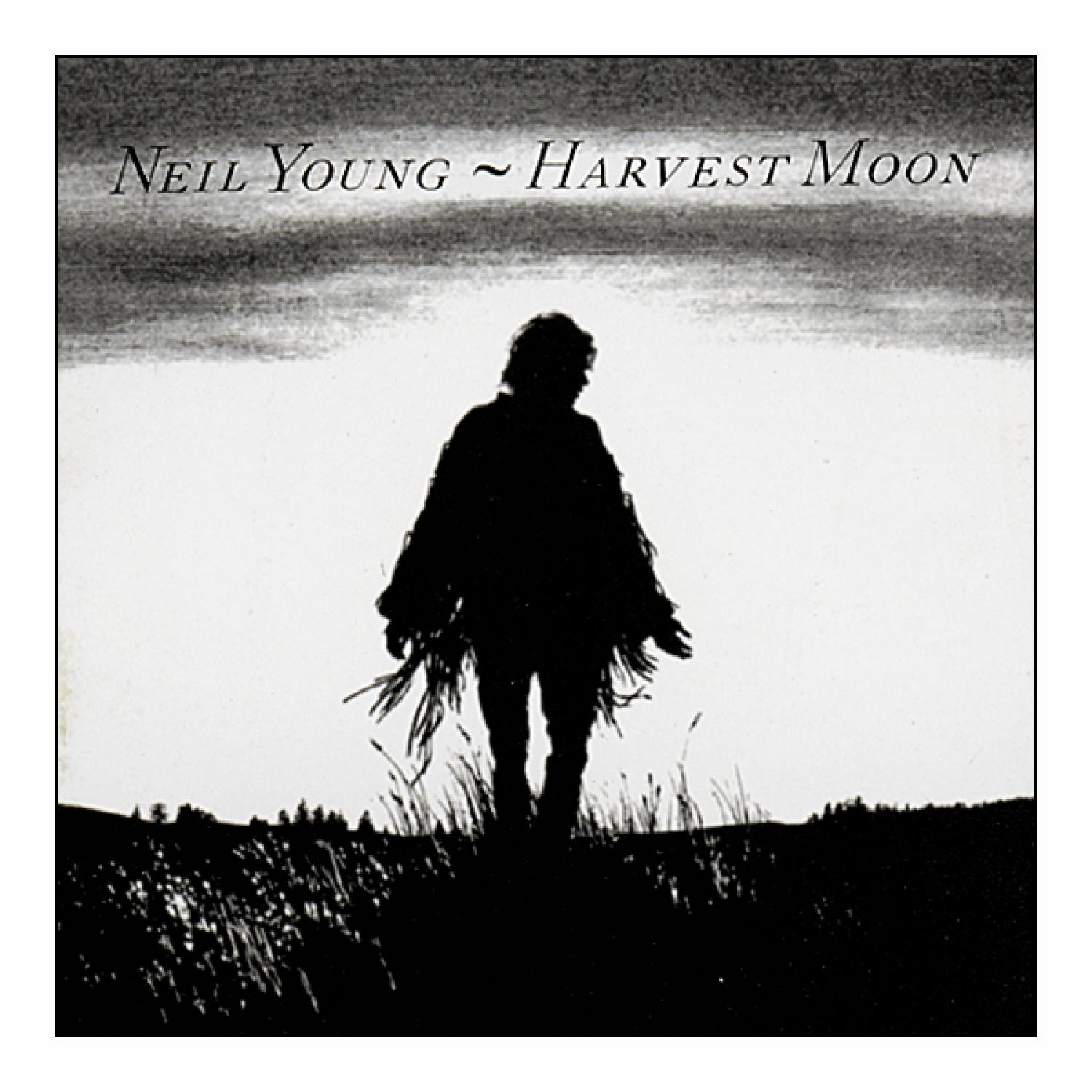 Neil Young Harvest Moon Albumcover mit Silhouette einer Person auf einem Feld.