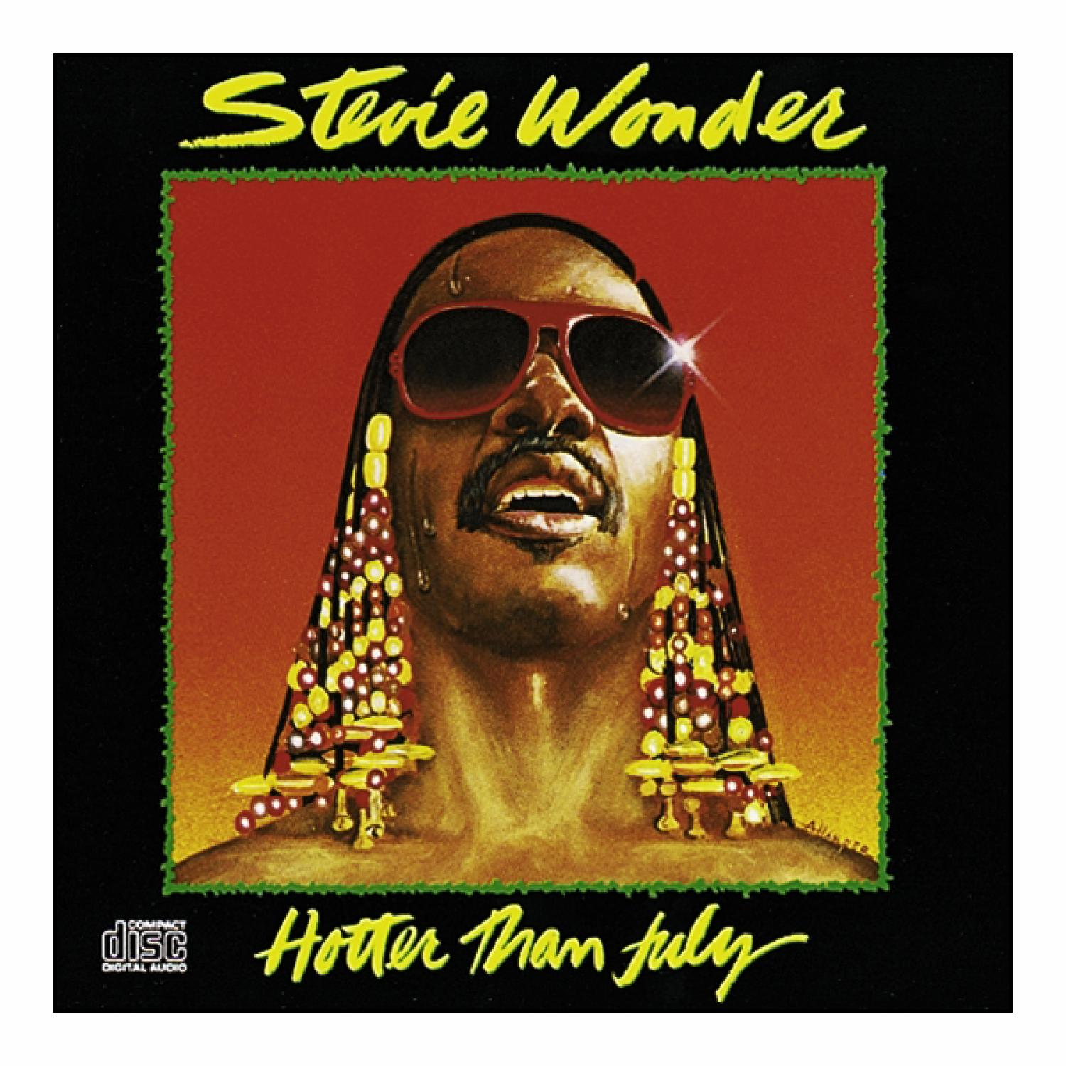Stevie Wonder Albumcover. Gesicht mit Sonnenbrille, Text 'Hotter Than July'.