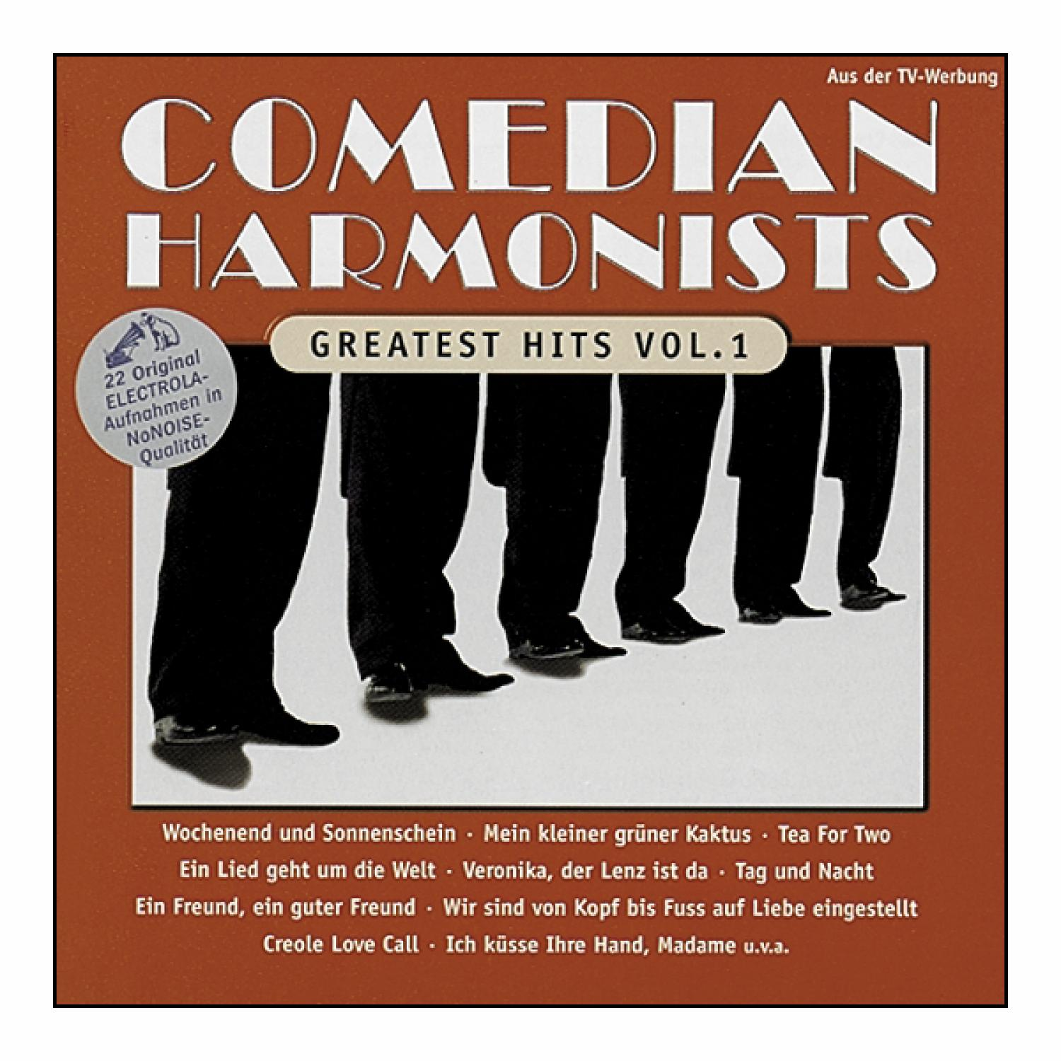 CD-Cover mit den Comedian Harmonists. Zeigt Beine von Männern in schwarzen Anzügen. Brauner Hintergrund.