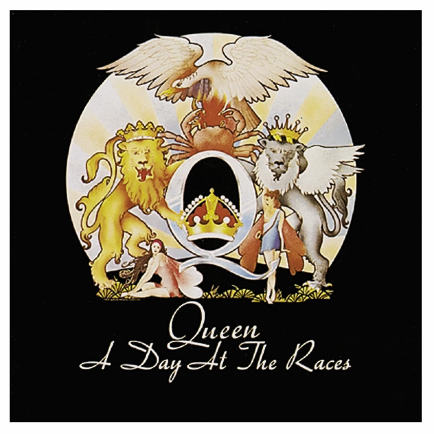 Queen-Albumcover mit Logo, Löwen, Krone und Mann und Frau.