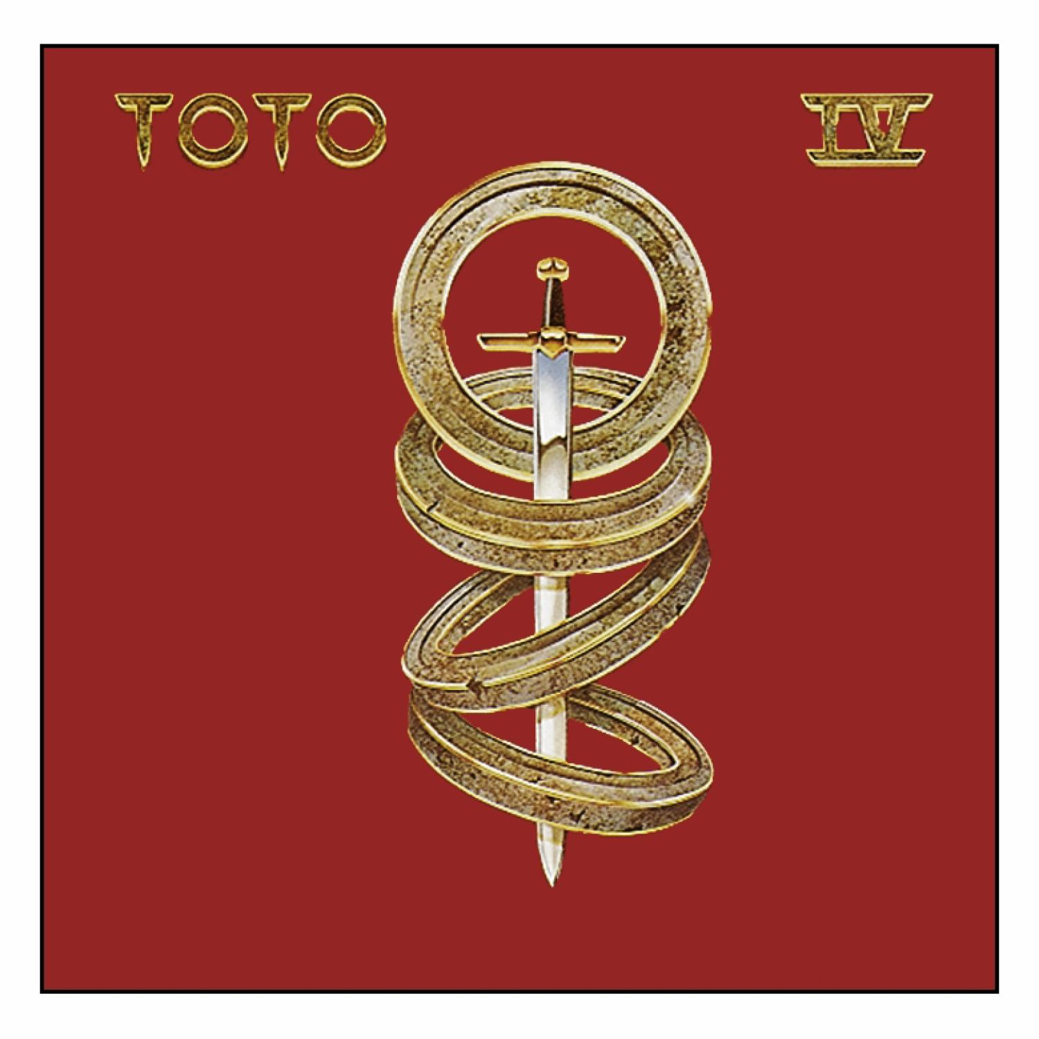Albumcover mit einem Schwert durch goldene Ringe, dem Wort 'TOTO' oben und 'IV' rechts, auf rotem Hintergrund.