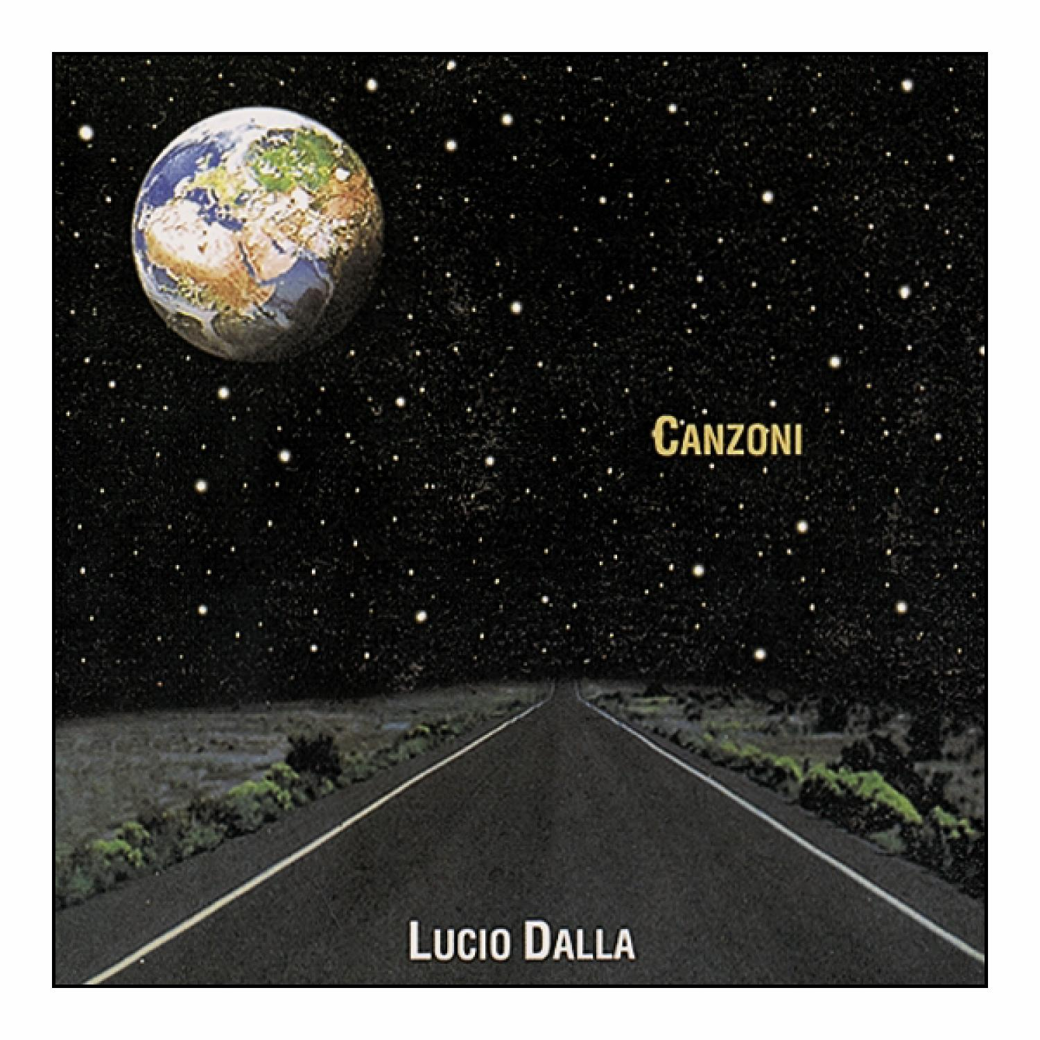 Albumcover mit Erde über einer Straße, die in einen Sternenhimmel führt. Der Titel 'CANZONI' ist sichtbar.