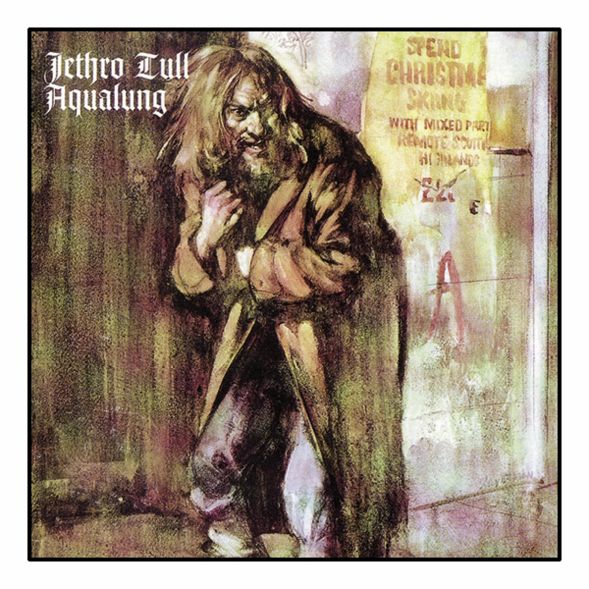 Albumcover: Jethro Tull - Aqualung. Mann mit langen Haaren und zerfetztem Mantel steht an einer Mauer.