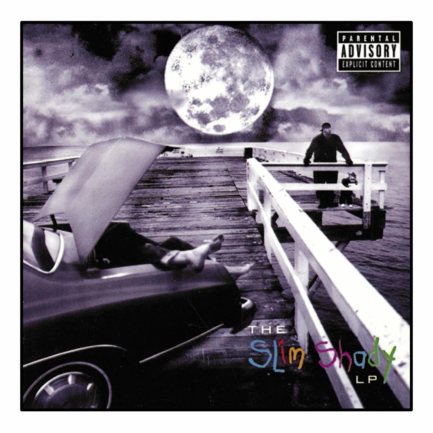 Albumcover eines Autos mit offener Motorhaube, einer Figur darauf und Vollmond. Text beinhaltet 'The Slim Shady LP'.