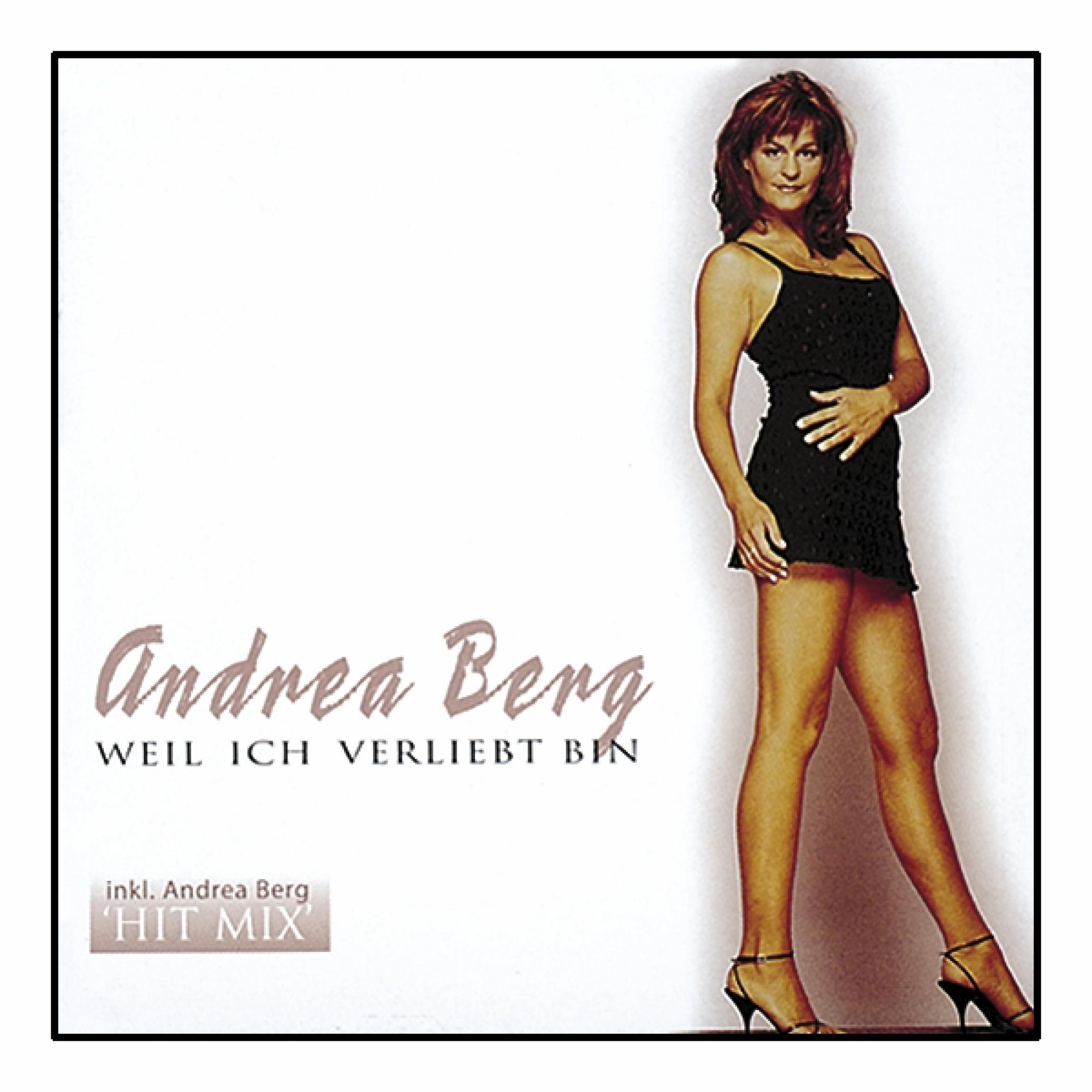 Albumcover: Andrea Berg, Frau in schwarzem Kleid, schwarze Absätze, Text 'Weil ich verliebt bin'.