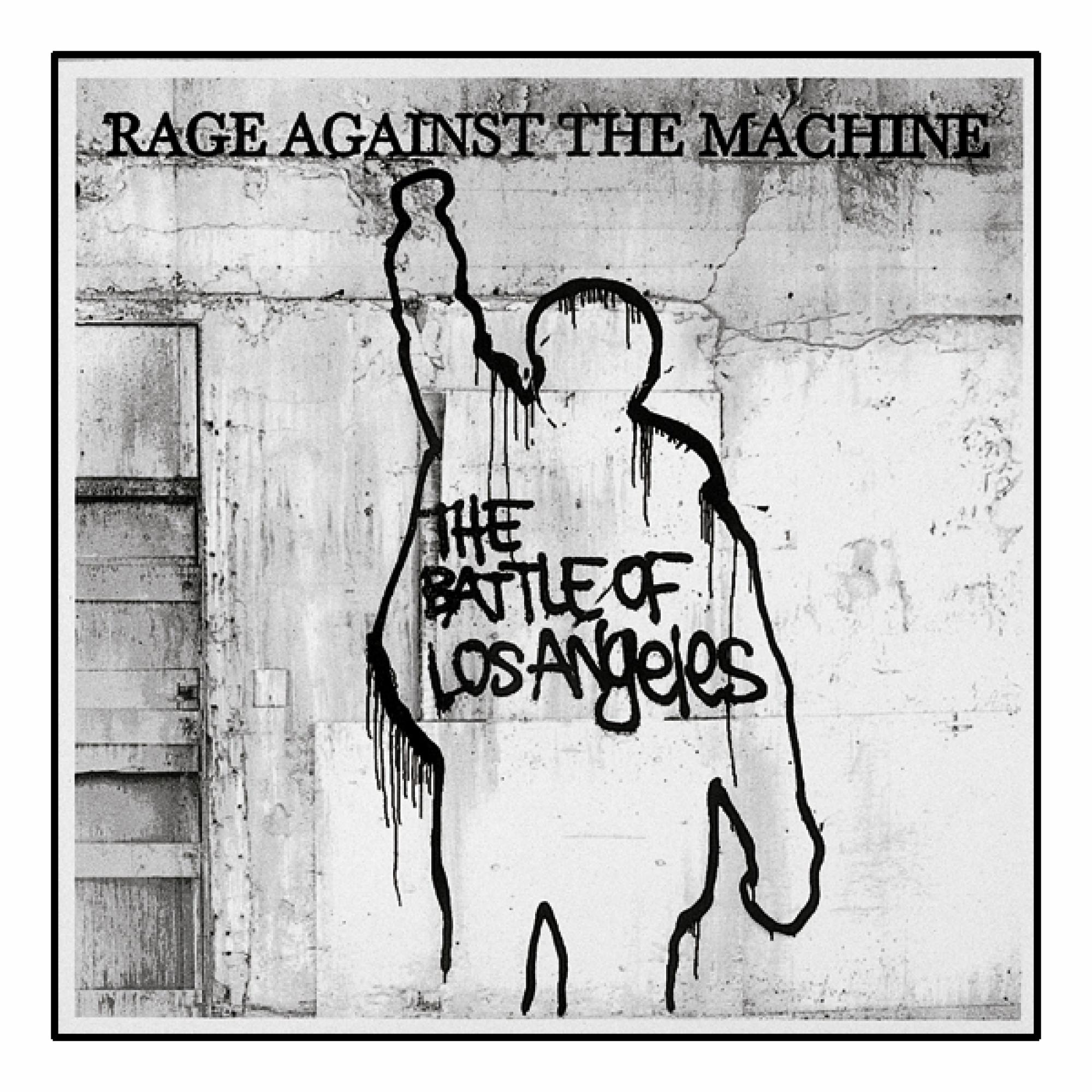 Albumhoes. Zwarte omtrek van een persoon die een arm omhoog steekt, op een betonnen muur. Tekst: Rage Against The Machine, The Battle Of Los Angeles.