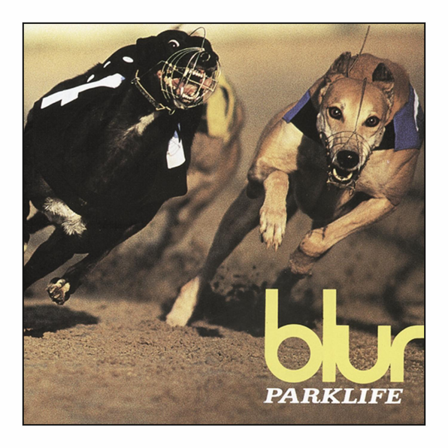 Blur Parklife Albumcover mit zwei Windhunden im Rennen.