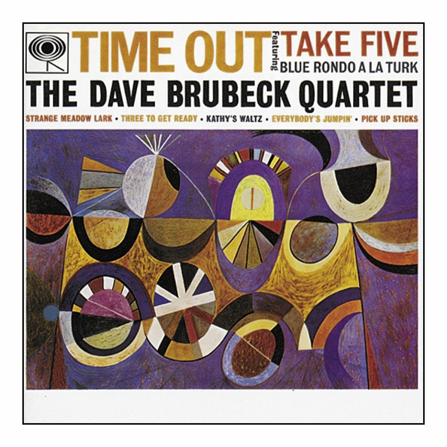 Albumcover, abstrakte Formen in Lila, Gelb und Weiß, mit Text für Dave Brubeck Quartet.
