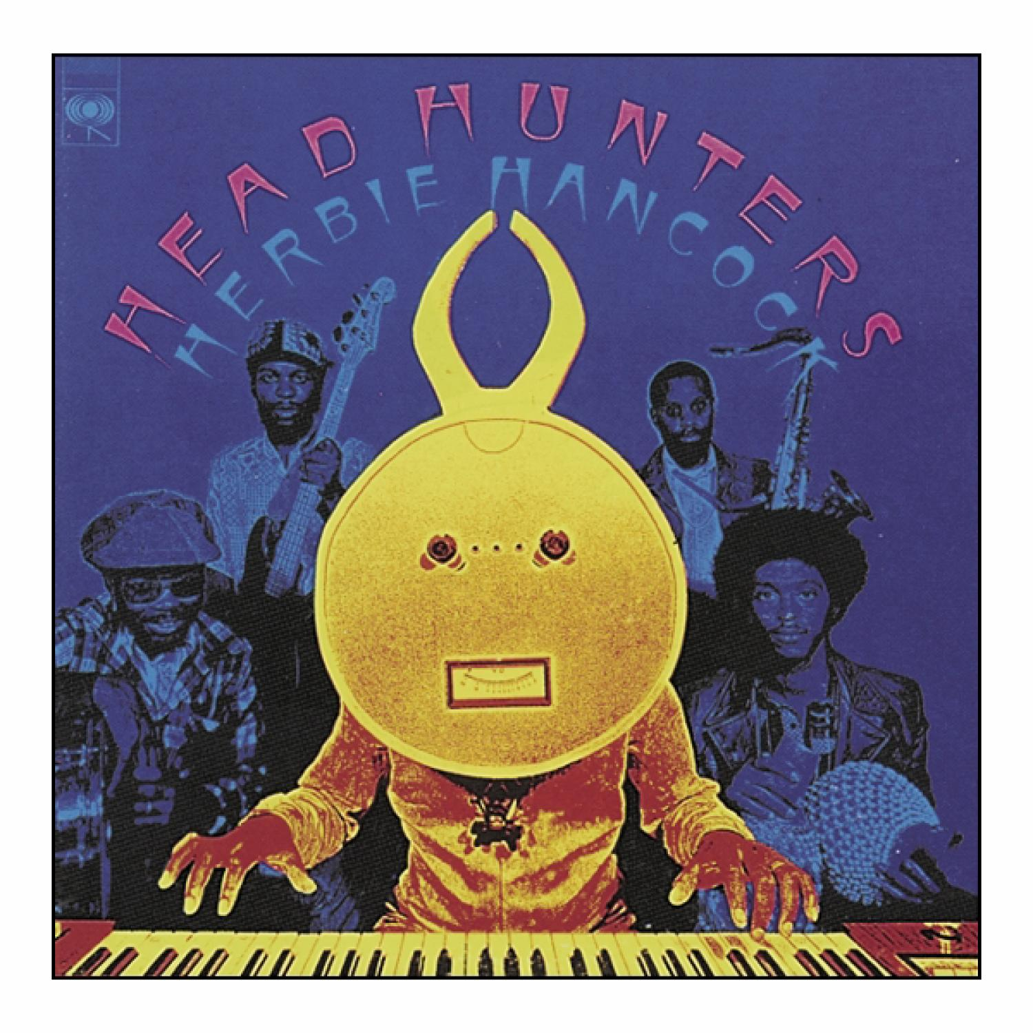 Herbie Hancock Head Hunters Albumcover. Leute mit Instrumenten und einer gelben Maske.