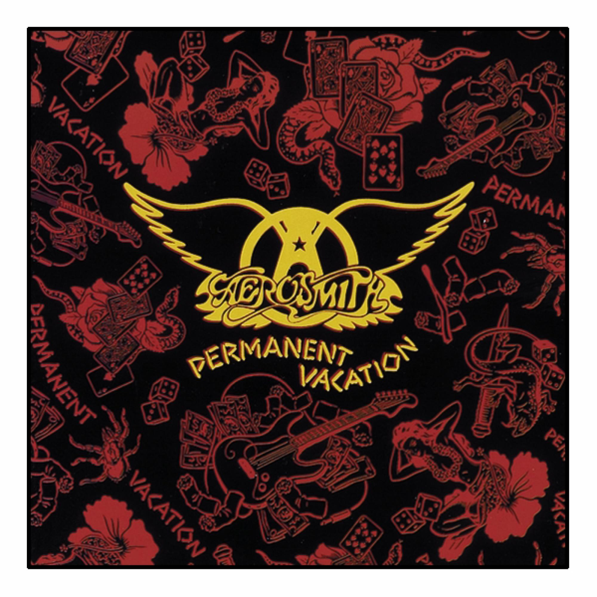 Aerosmiths 'Permanent Vacation' Albumcover. Schwarzer Hintergrund, rotes und gelbes Design.