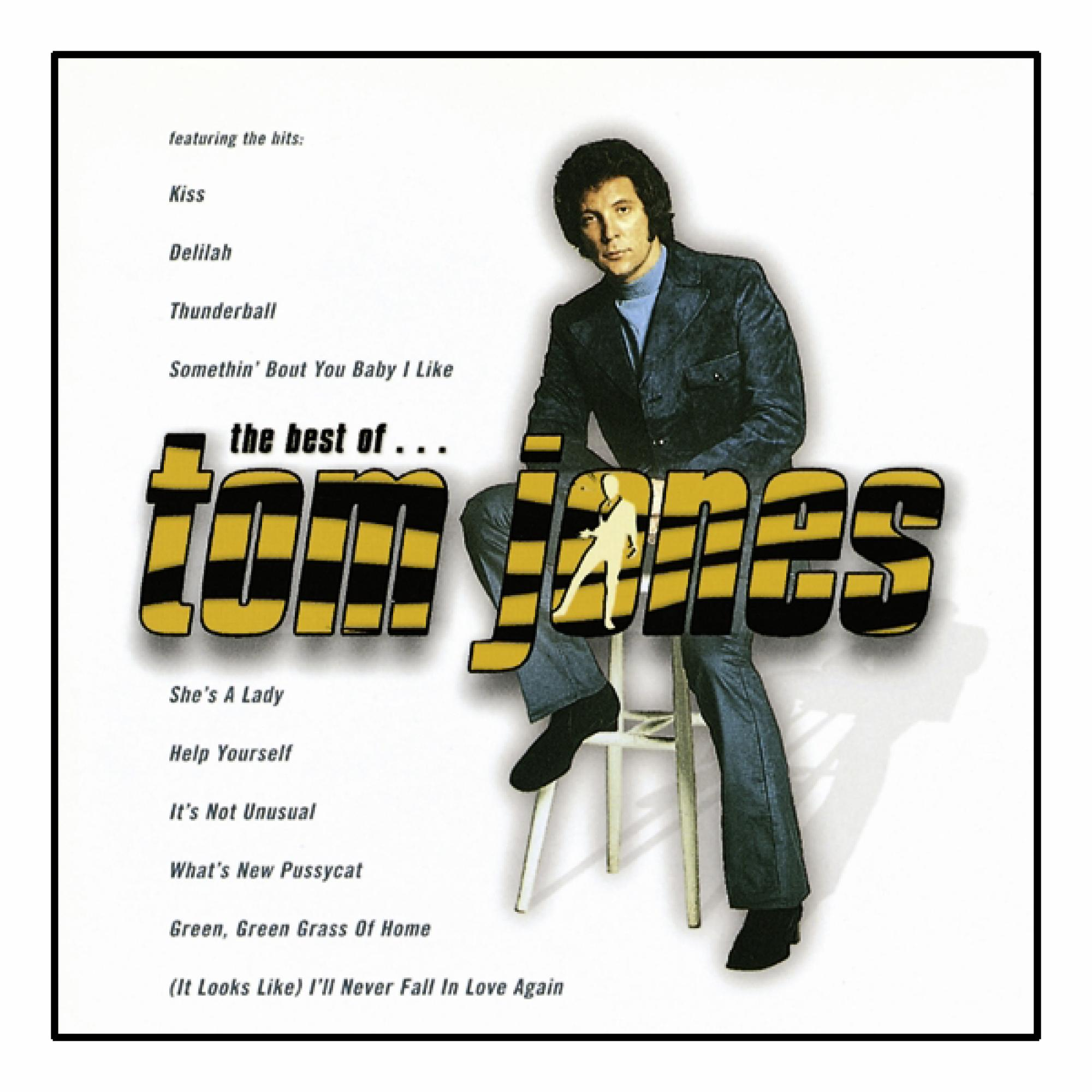 Albumcover von Tom Jones, der auf einem Hocker sitzt, mit gelbem Titel.