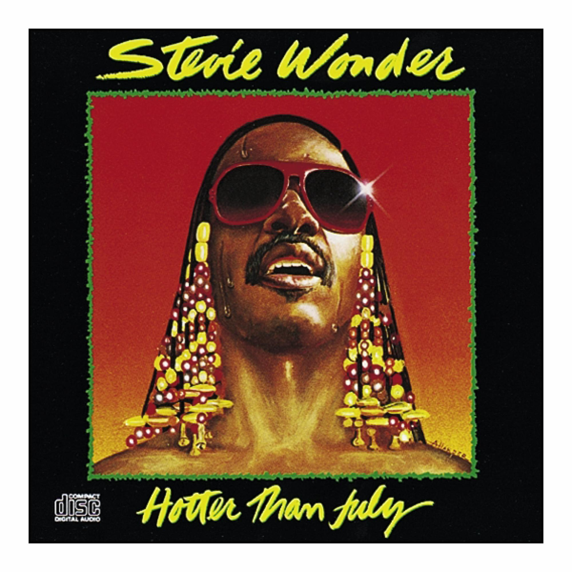 Stevie Wonders Hotter Than July Albumcover. Roter Hintergrund, Sonnenbrille und goldene Verzierungen.
