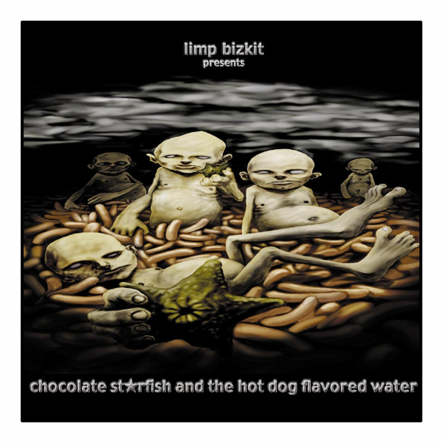 Albumcover mit Cartoonfiguren und Hot Dogs, Text 'Chocolate Starfish'.