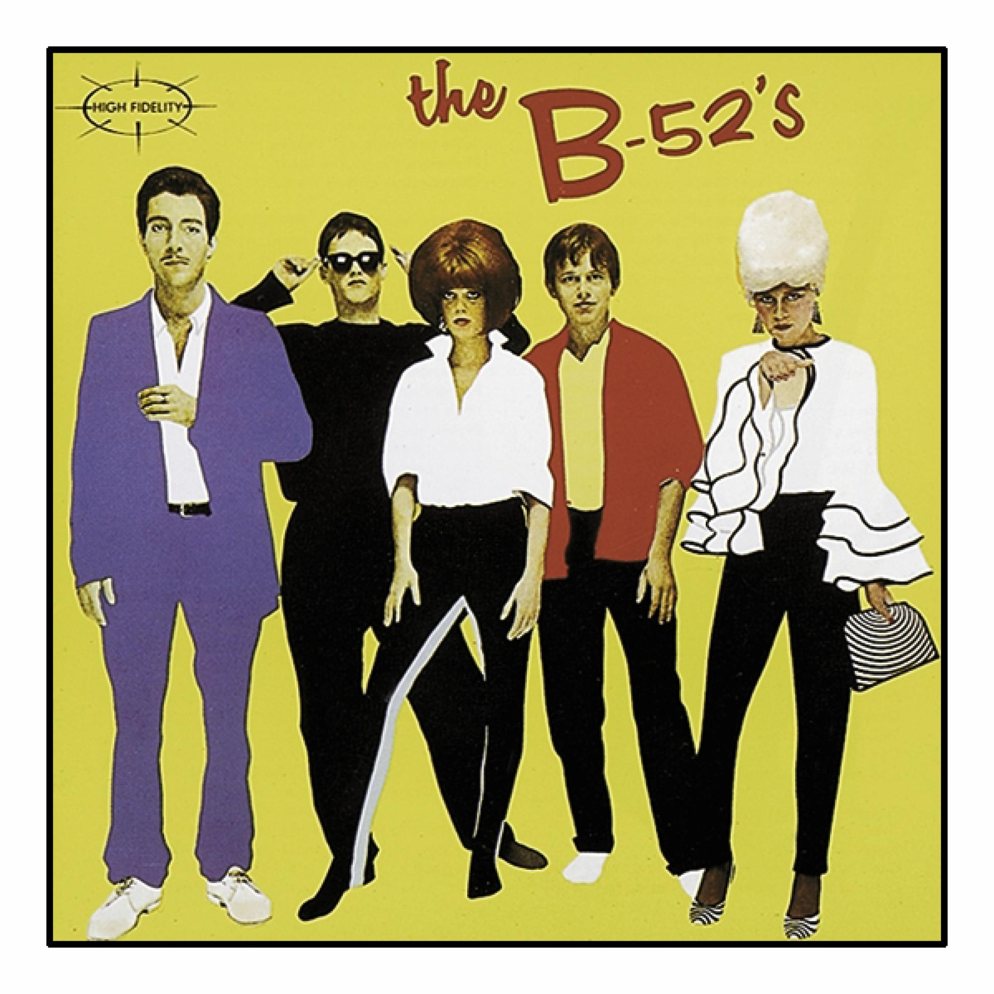 Albumcover mit den B-52's Bandmitgliedern, fünf Personen vor gelbem Hintergrund.