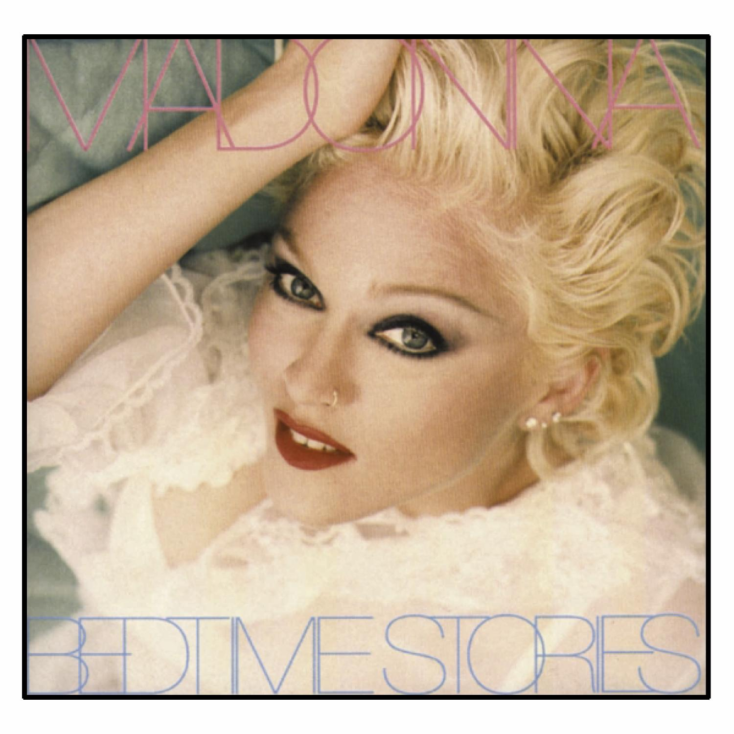 Madonnas Gesicht mit blonden Haaren. Der Titel 'Bedtime Stories' befindet sich unter dem Bild.