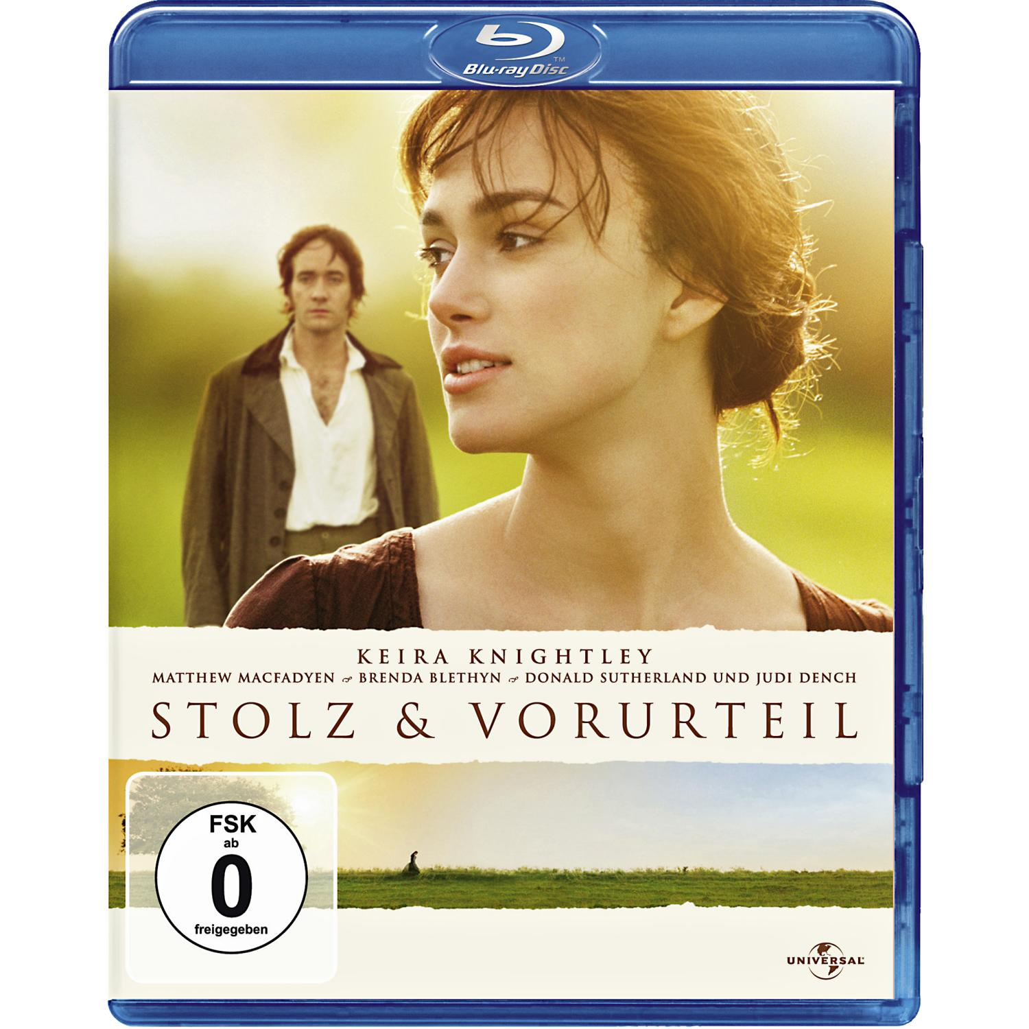 Blu-ray-Cover von 'Stolz & Vorurteil'. Zeigt Keira Knightley und einen Mann auf einem Feld.