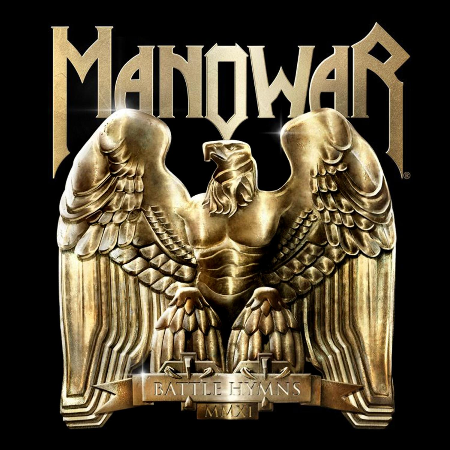 Manowar-Albumcover mit goldenem Adler. Schwarzer Hintergrund, Banner "Battle Hymns".