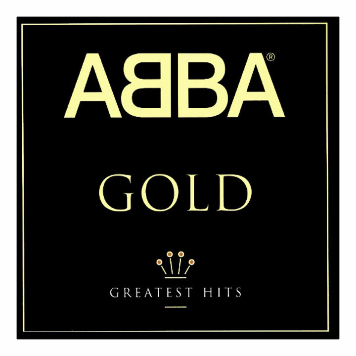 ABBA Gold Albumcover. Schwarzer Hintergrund mit goldenem ABBA-Logo und goldenem 'GOLD'-Text. Weißes 'Greatest Hits'.