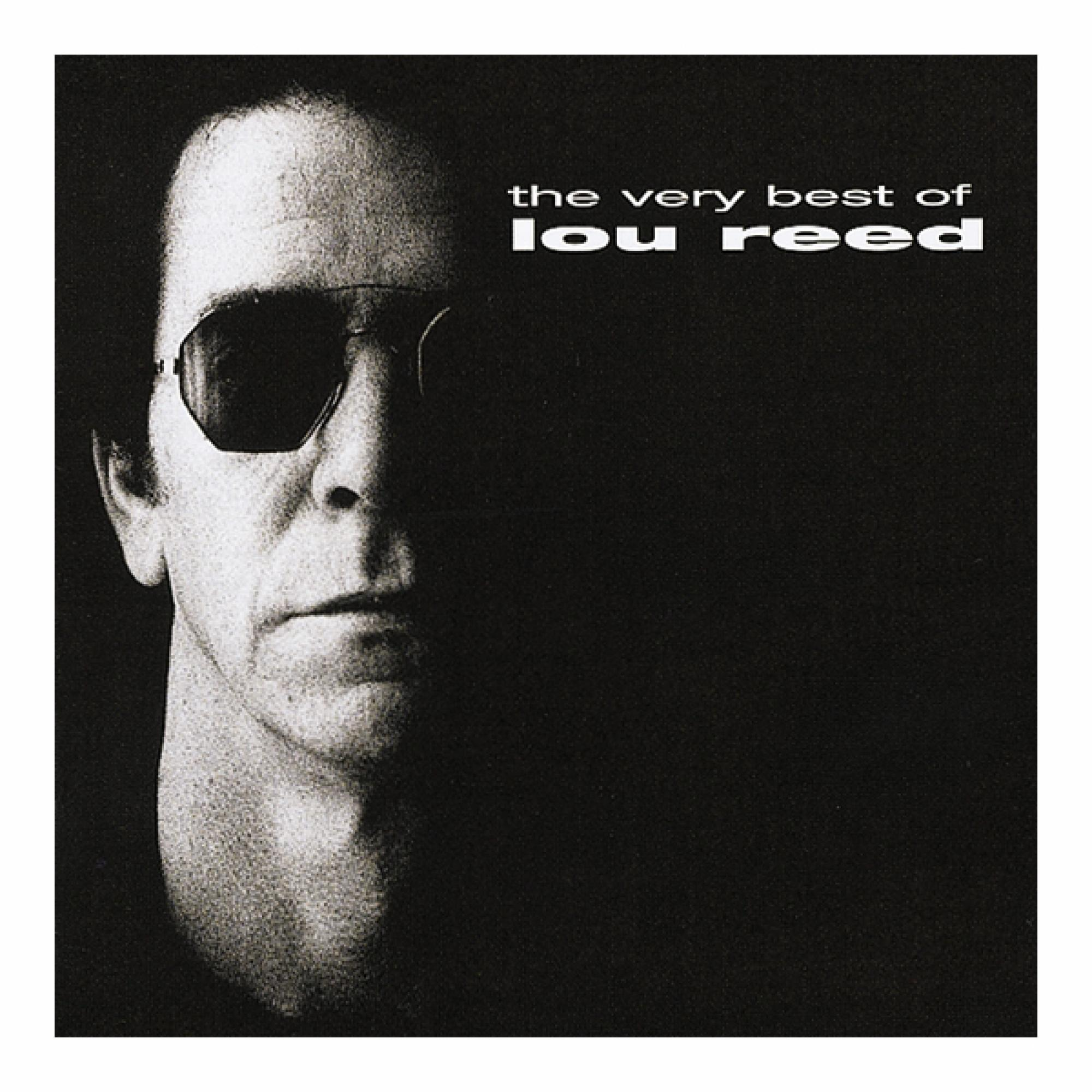 Albumcover von Lou Reed, mit der Hälfte seines Gesichts im Schatten, Text 'the very best of'.