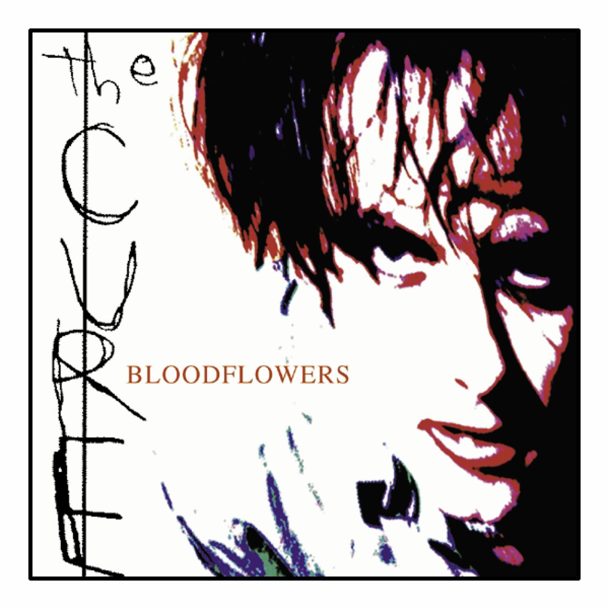 The Cure-Albumcover. Das Gesicht eines Mannes ist in der Mitte mit den Worten 'BLOODFLOWERS' und 'The Cure'.