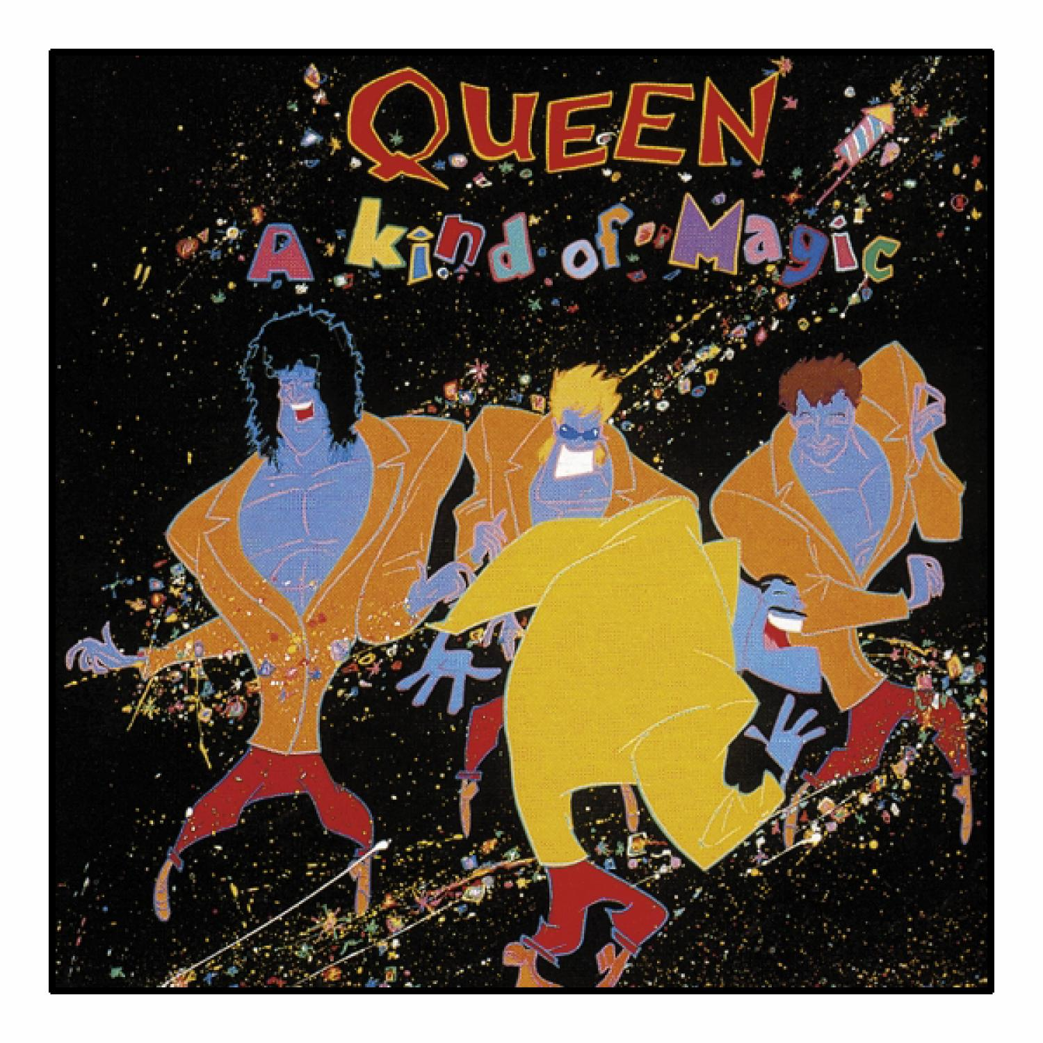 Albumcover von Queens 'A Kind of Magic'. Zeigt Cartoon-Figuren auf schwarzem Hintergrund mit bunten Spritzern.