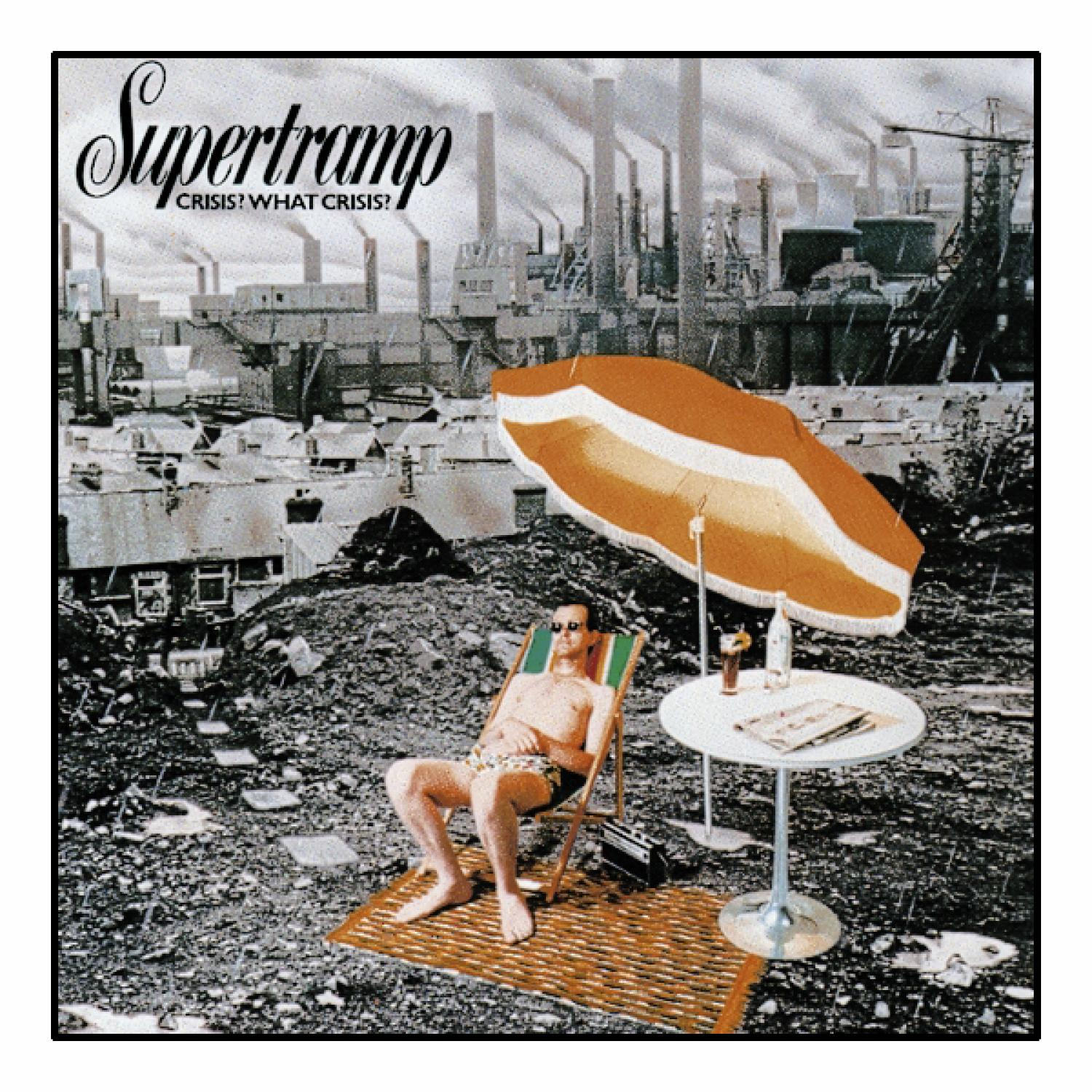 Albumcover: Mann auf Liegestuhl unter Sonnenschirm, Industriehintergrund.