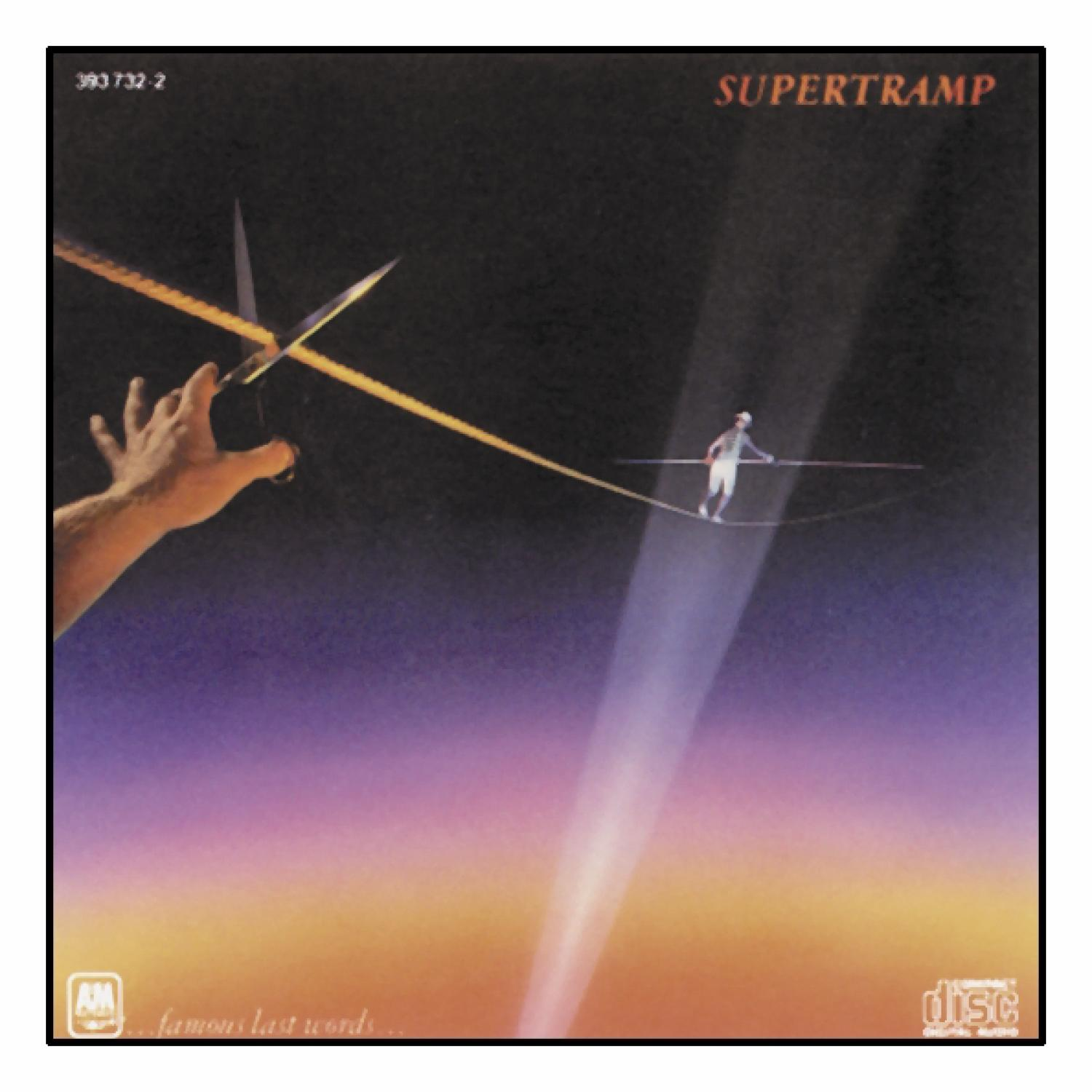 Supertramp-Albumcover. Eine Person auf einem Drahtseil, die eine Stange hält, mit Schere und einer Hand, die greift.