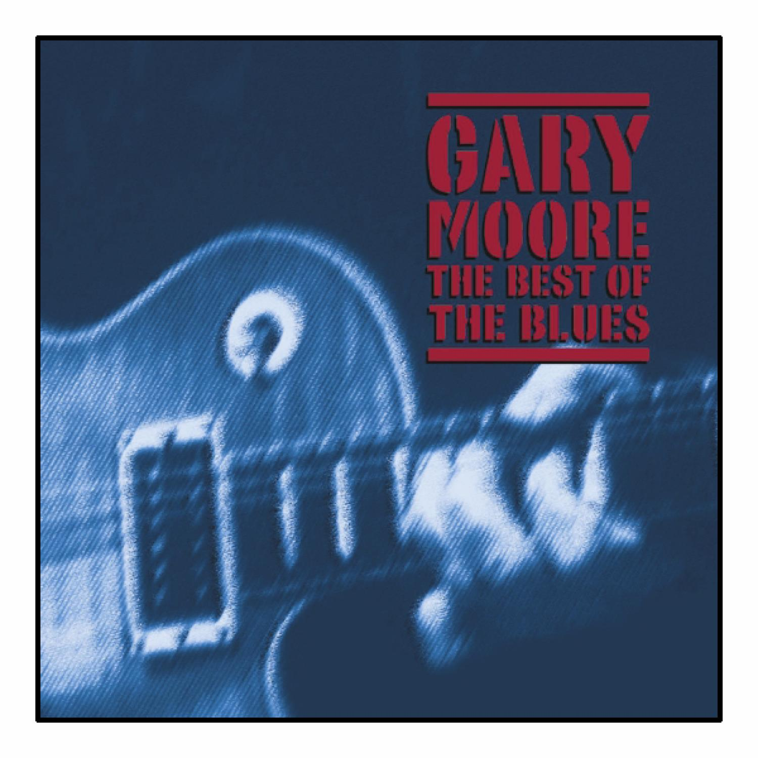 Albumcover: Gary Moore, Gitarre, roter Text 'Gary Moore The Best of the Blues' auf blauem Hintergrund.