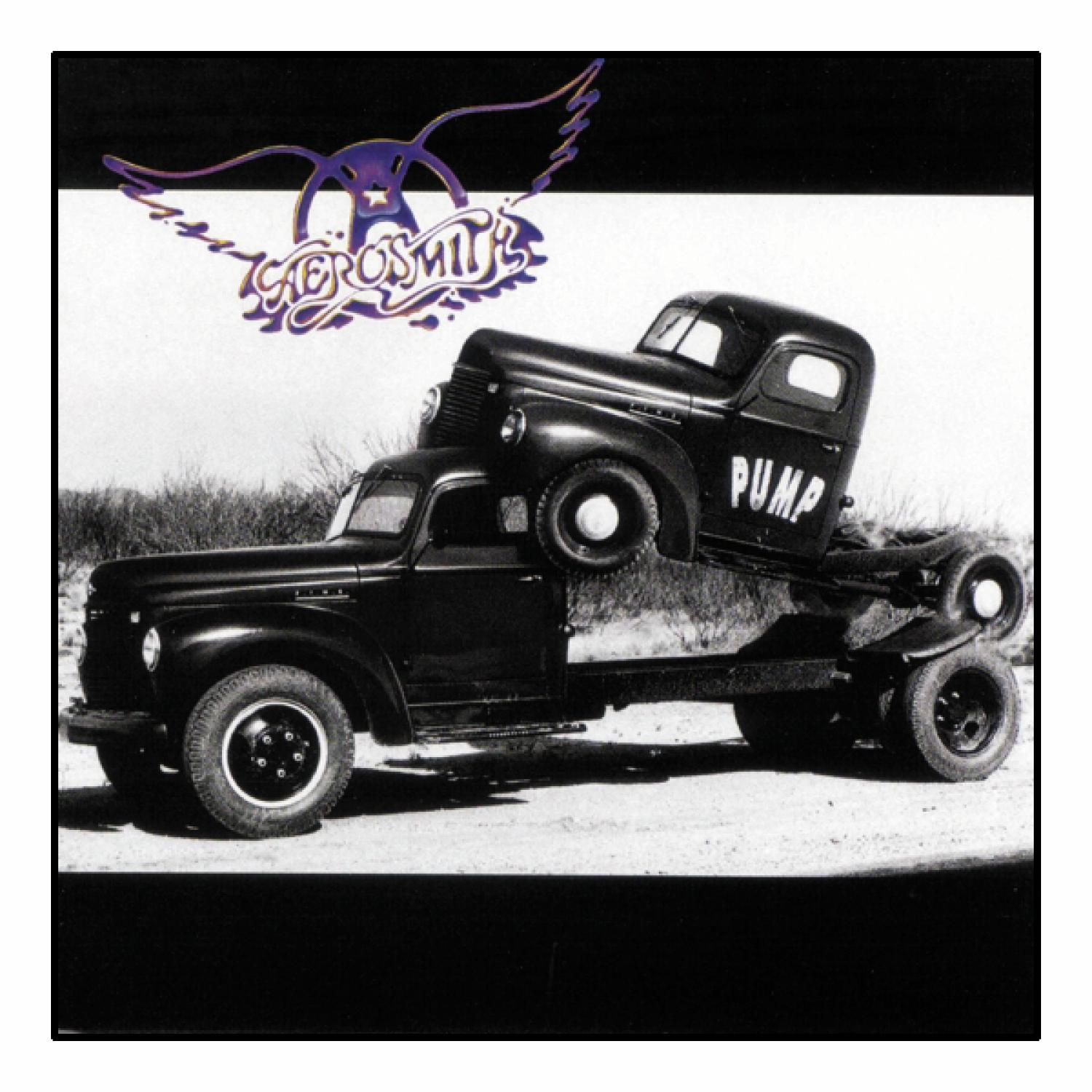 Aerosmith-Albumcover. Ein schwarzer LKW trägt einen kleineren LKW. Schwarz-Weiß-Bild.