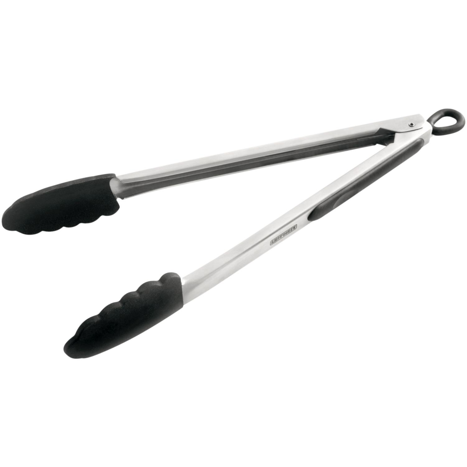 Silberne und schwarze Zange mit Silikonspitzen.