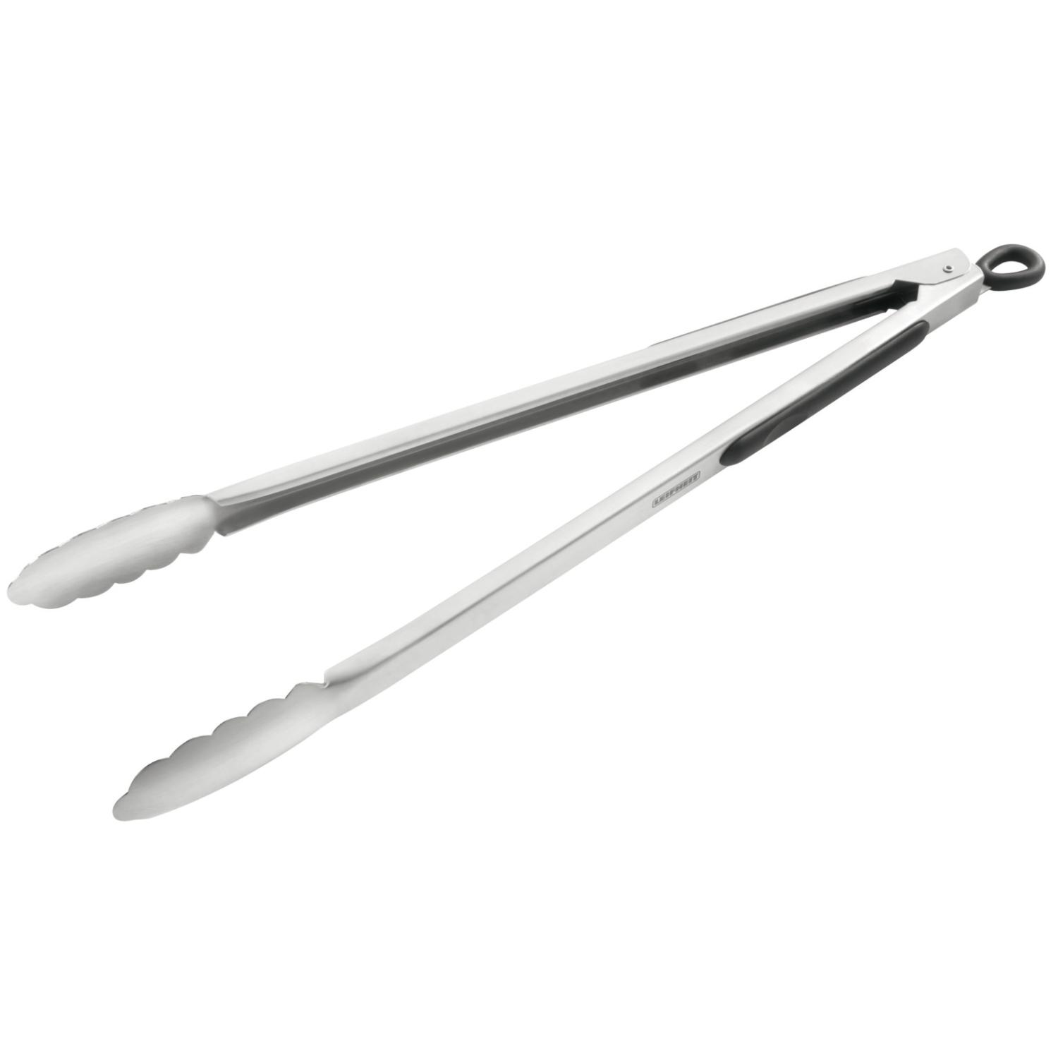 Silberne Grillzange. Sie hat lange Griffe und Silikonspitzen.