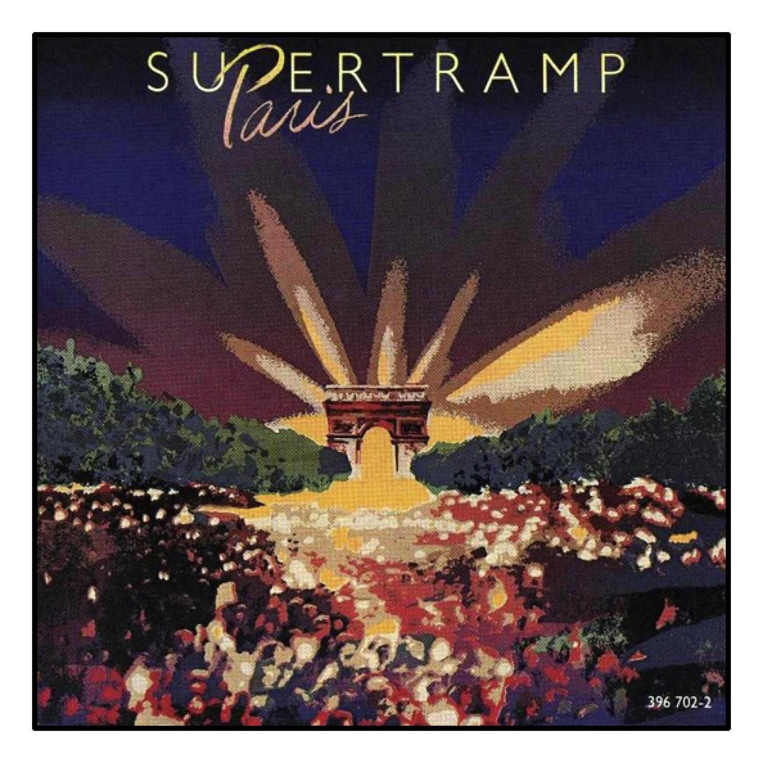 Albumcover von Supertramp Paris. Es zeigt eine Menschenmenge vor einem Torbogen bei Nacht. Lichter.