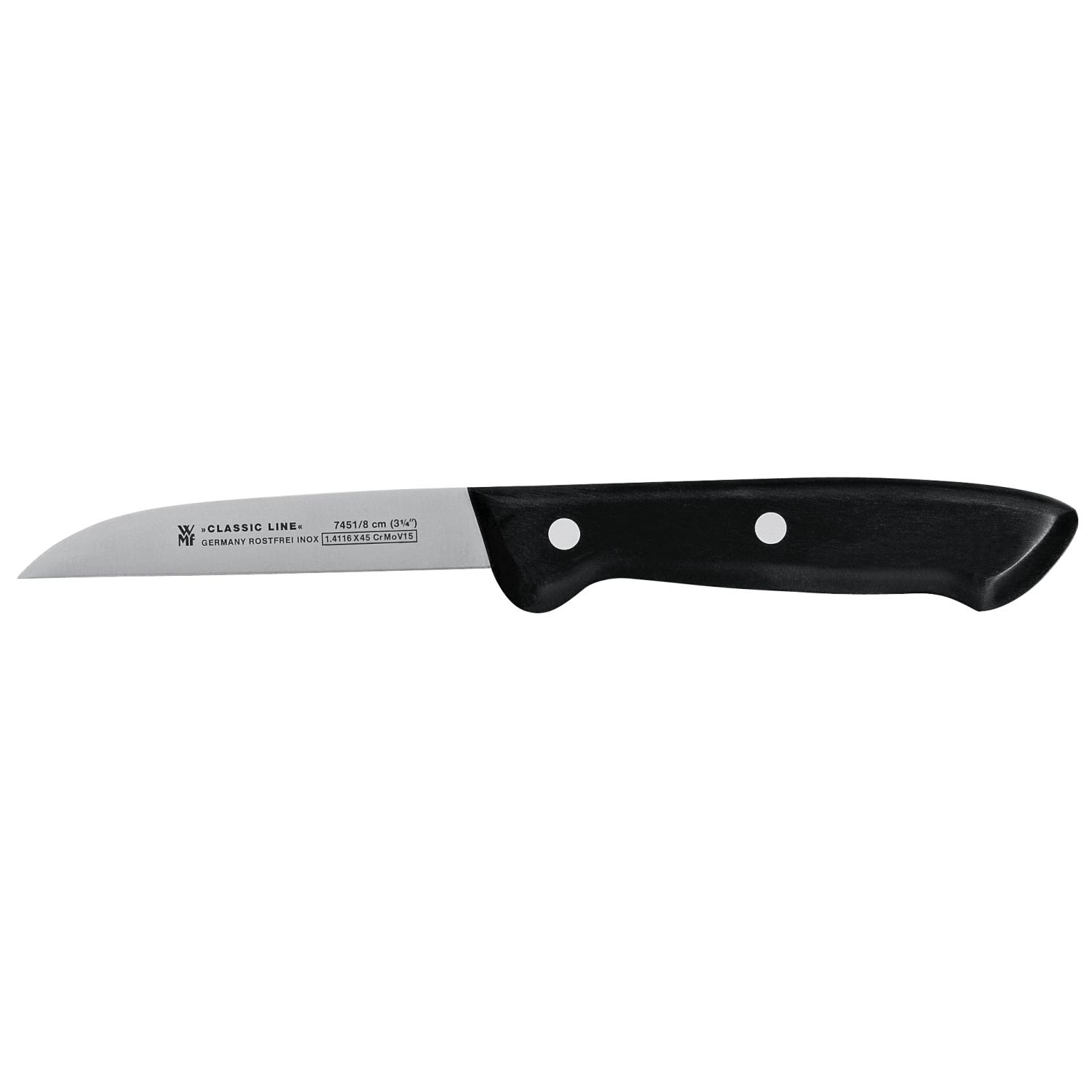 Ein Messer mit schwarzem Griff. Die Klinge ist silberfarben. Der Griff hat zwei Nieten.