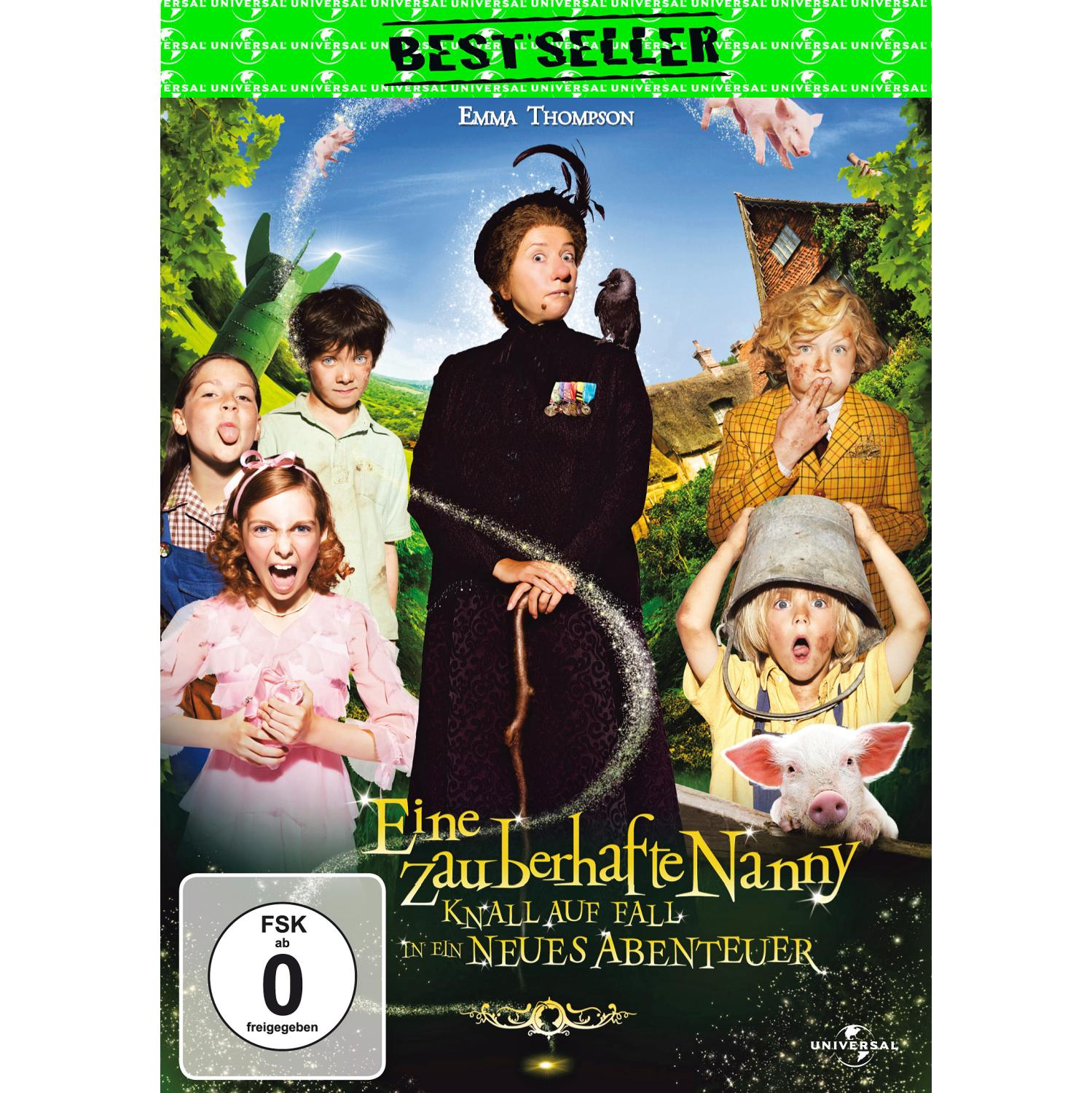 Filmplakat mit Schauspielern und dem Titel "Eine zauberhafte Nanny", mit Kind und Schwein.